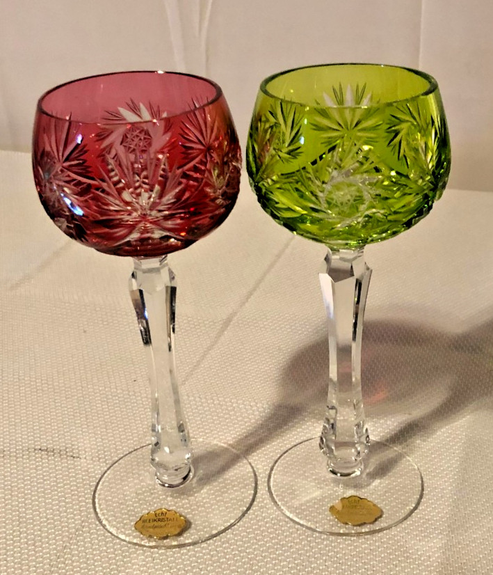 2 Vtg Bleikristall Cut to Clear Crystal Wine Glasses/Cranberry Red/Lime Green