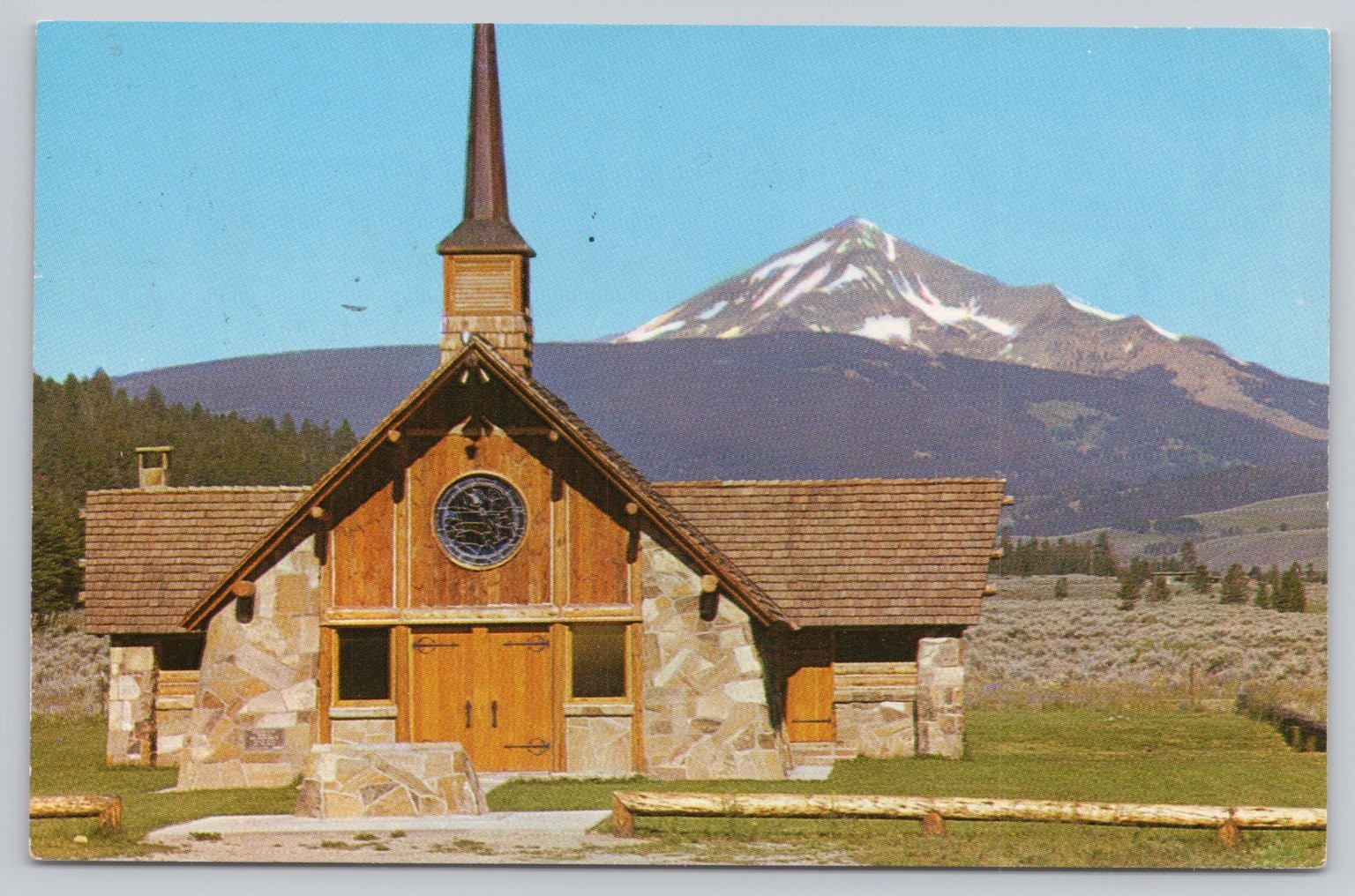 Soldier\'s Chapel Montana Postcard Lone Mountain Gallatin Canyon 1960