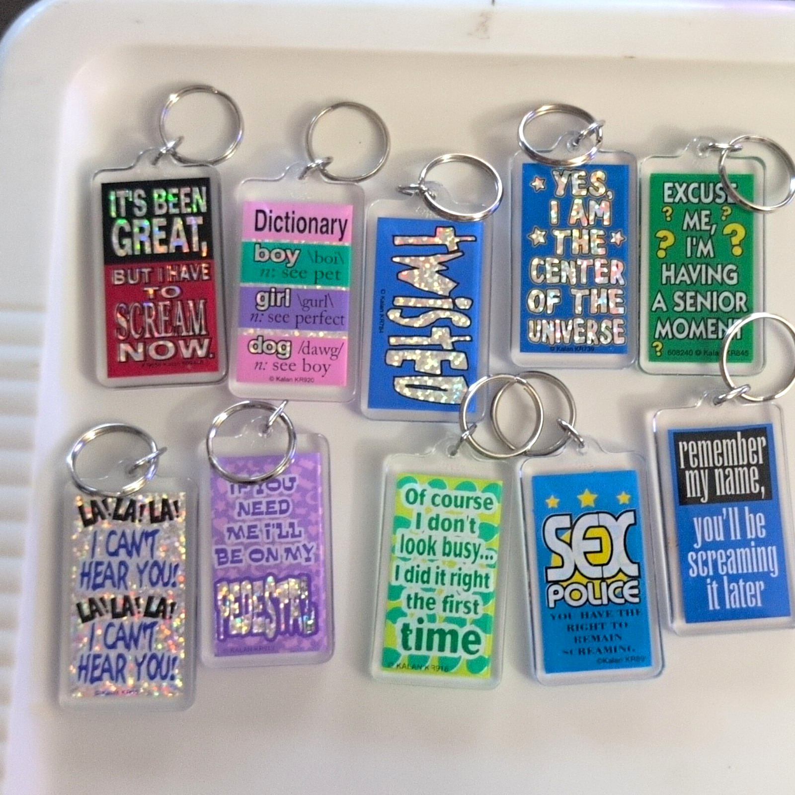 VTG  10 Novelty Slogan Keychains, Multicolor Plastic Detachable Keyrings