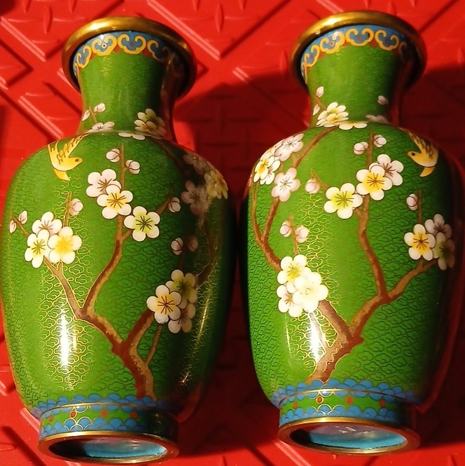 Vintage 2 Pc. Chinese Cloisonné Green Vases Cherry Blossom Bird Mirrored Pair