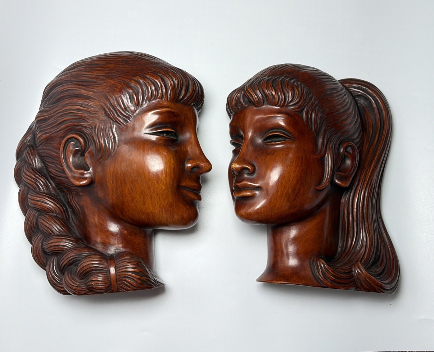 Vintage Achatit Handarbeit Wall Masks Pair, MCM West Germany #1005