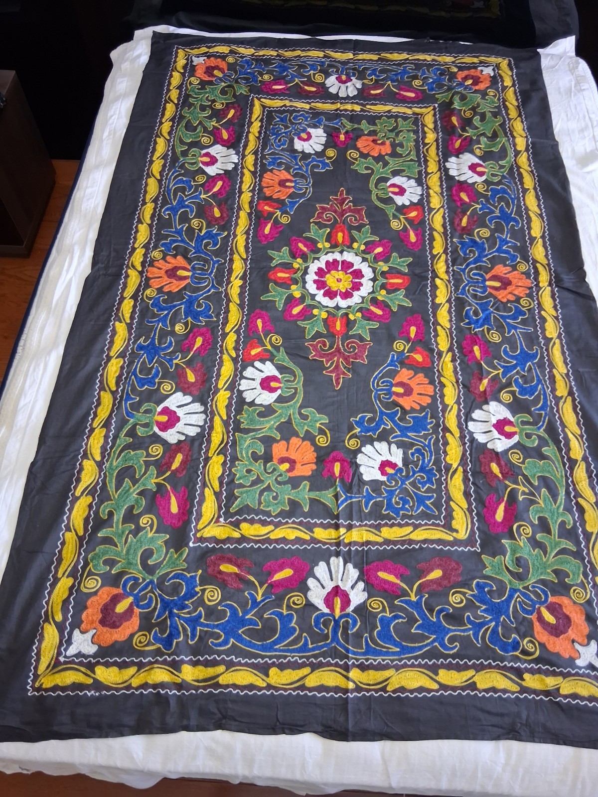 Suzani Black Fabric / Vintage Uzbek  Embroidery Table Cover Tapestry Rare 
