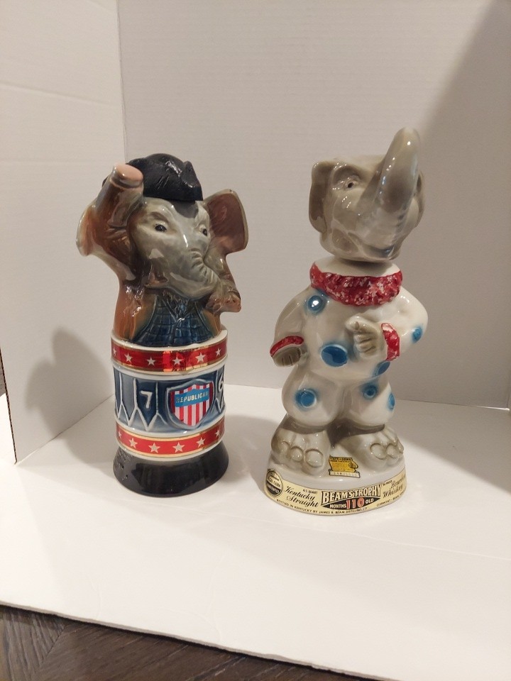2 VINTAGE 1968,1976 CERAMIC JIM BEAM TROPHYS REPUBLICAN DECANTER