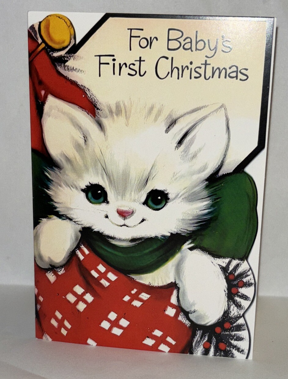 Baby’s First Christmas 3.5 X 5” Unused VINTAGE STYLE Greeting Card Cat Kitten