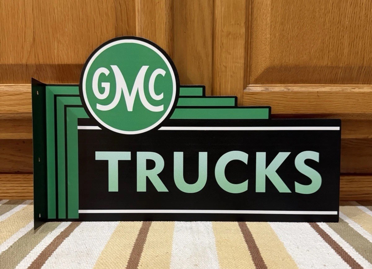 GMC Trucks Sign 2 Sided Gas Oil Garage Parts Tools Vintage Style Wall Decor