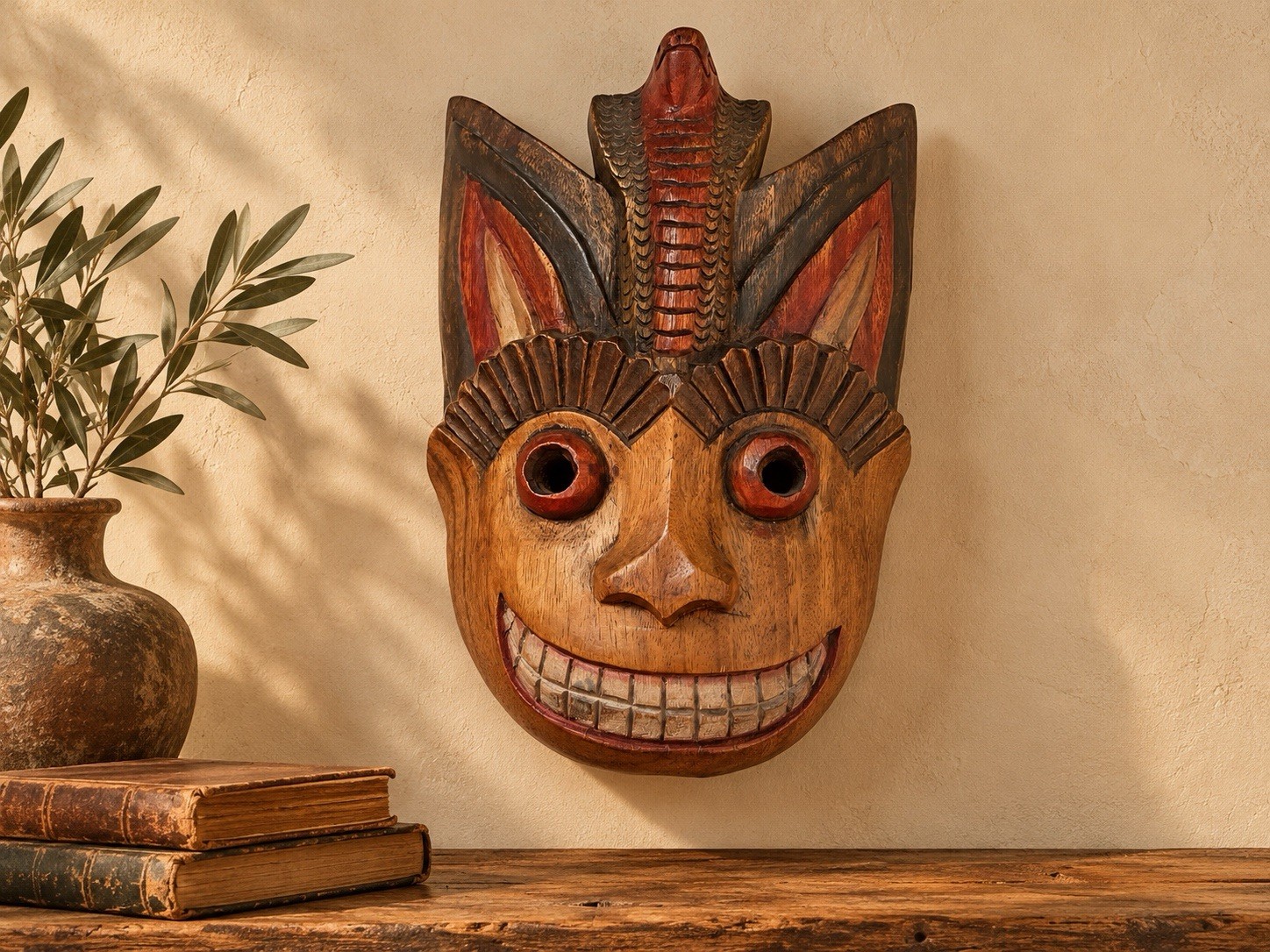 Vintage Thai Carved Wood Monkey Cobra Snake Mask Folk Art Wall Hanging 13”