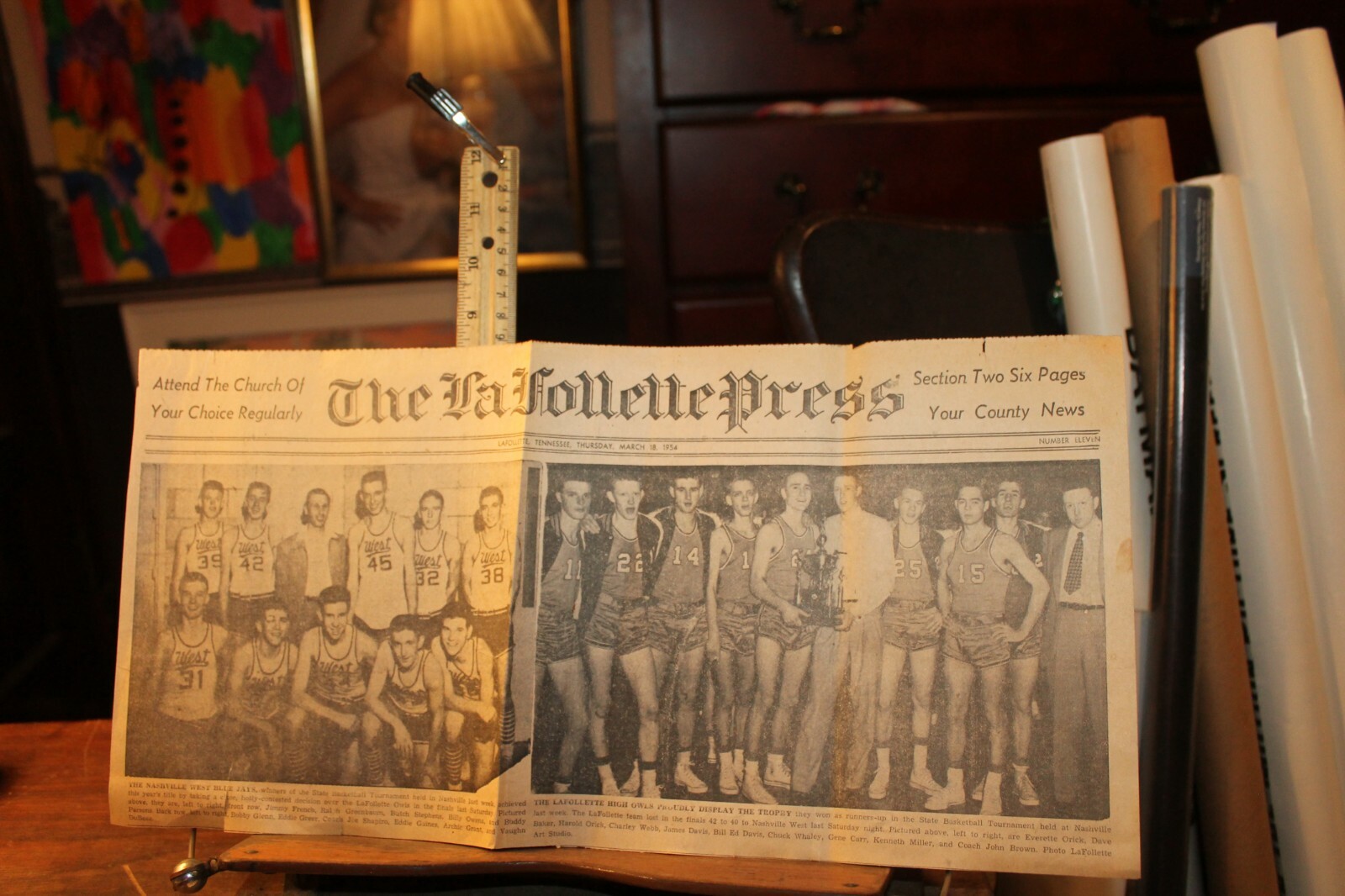 March 18, 1954 LaFollette Press TN  Cut Front Page OWLS Basketball State 2nd 