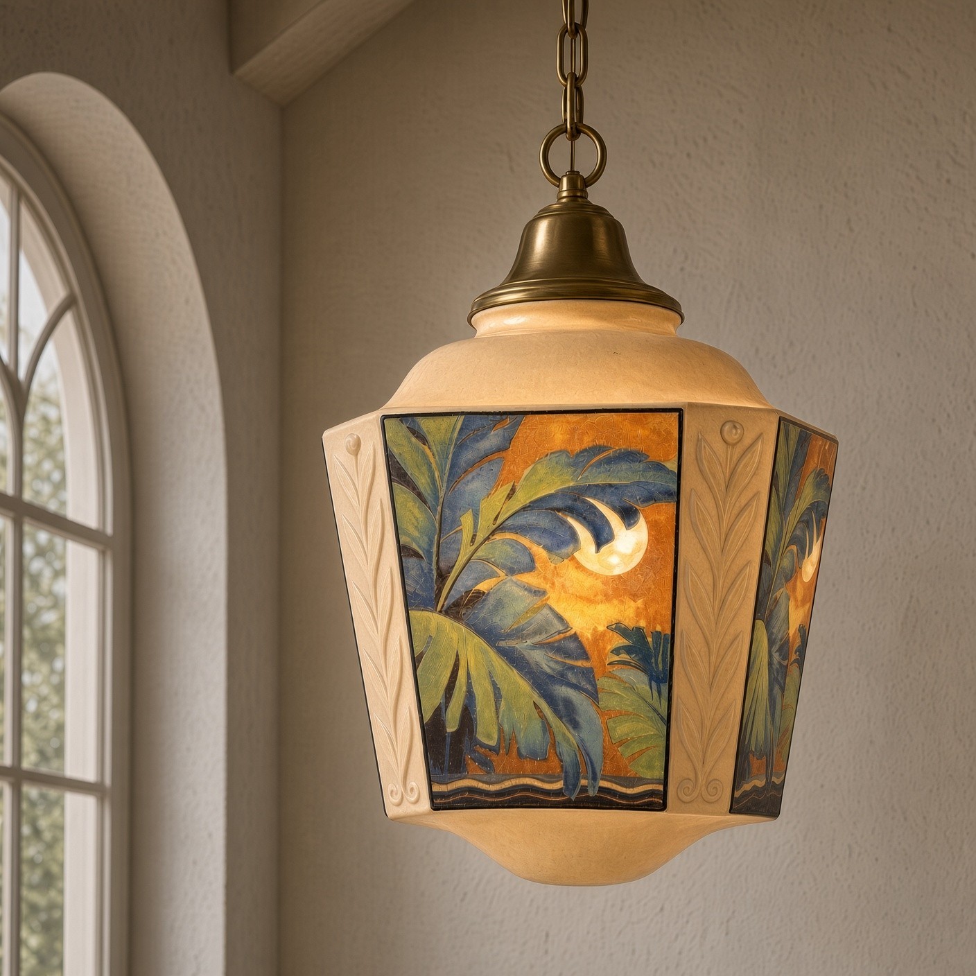 Antique Art Deco Swag Pendant Glass Lampshade Handpainted Tropical Moon 1920-30s