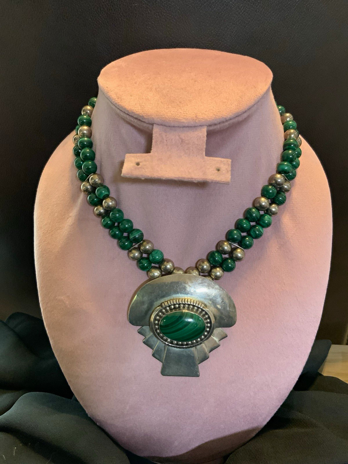 VTG 1989 Signed CJC Carolyn Pollack Sterling Silver Malachite Necklace Hvy 121
