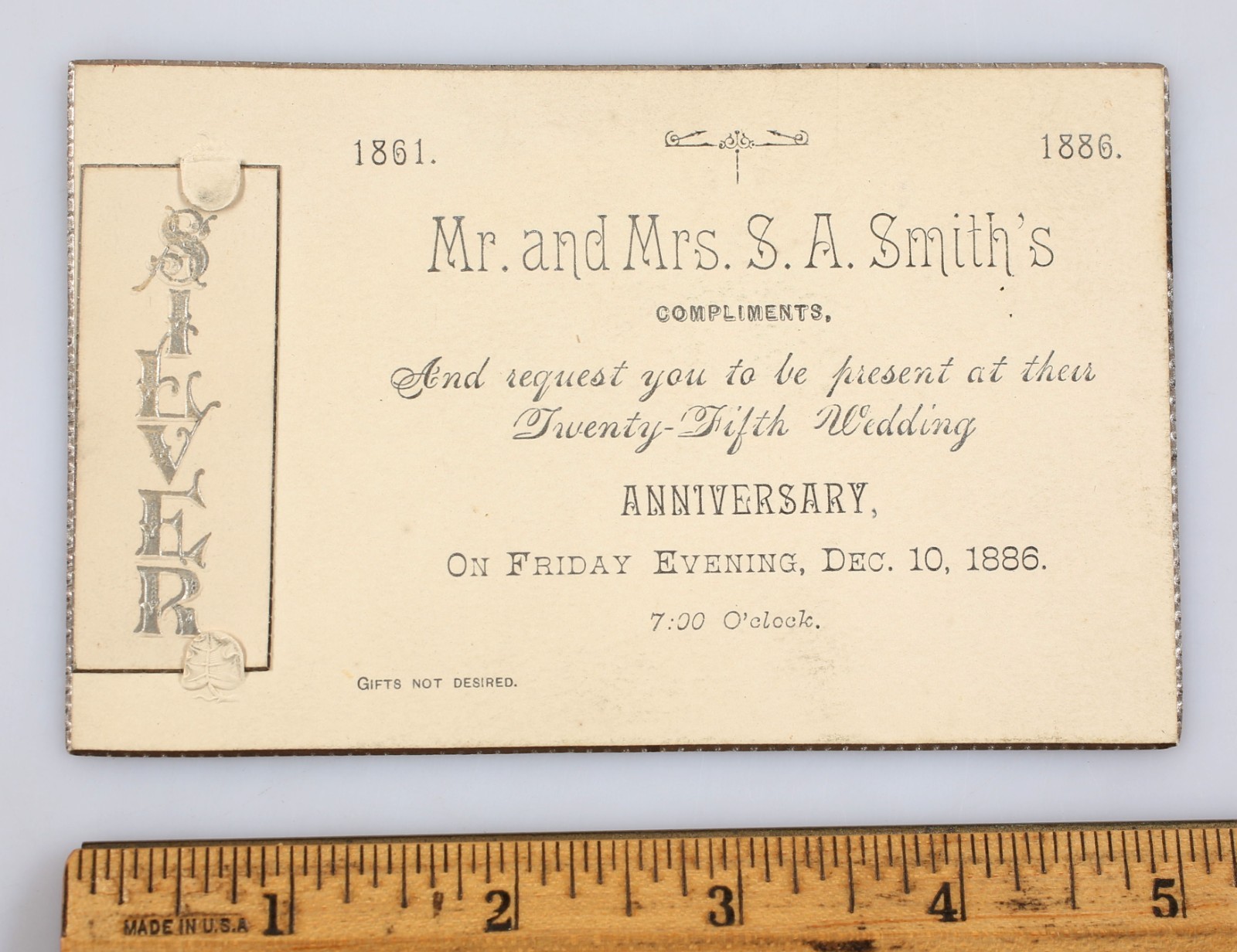Vintage 1886 25th Wedding Anniversary Invitation Mr. and Mrs. S.A. Smith