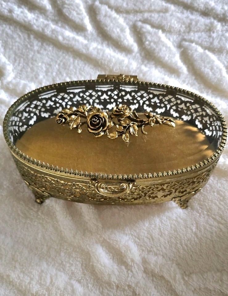 Vintage  Matson Ormolu Gold Rose Casket Jewelry Box Beveled Glass Footed Velvet 
