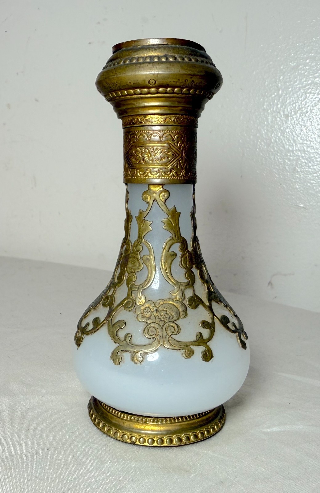 Antique 19C French Palais Royal ormolu bronze opaline glass scent perfume bottle