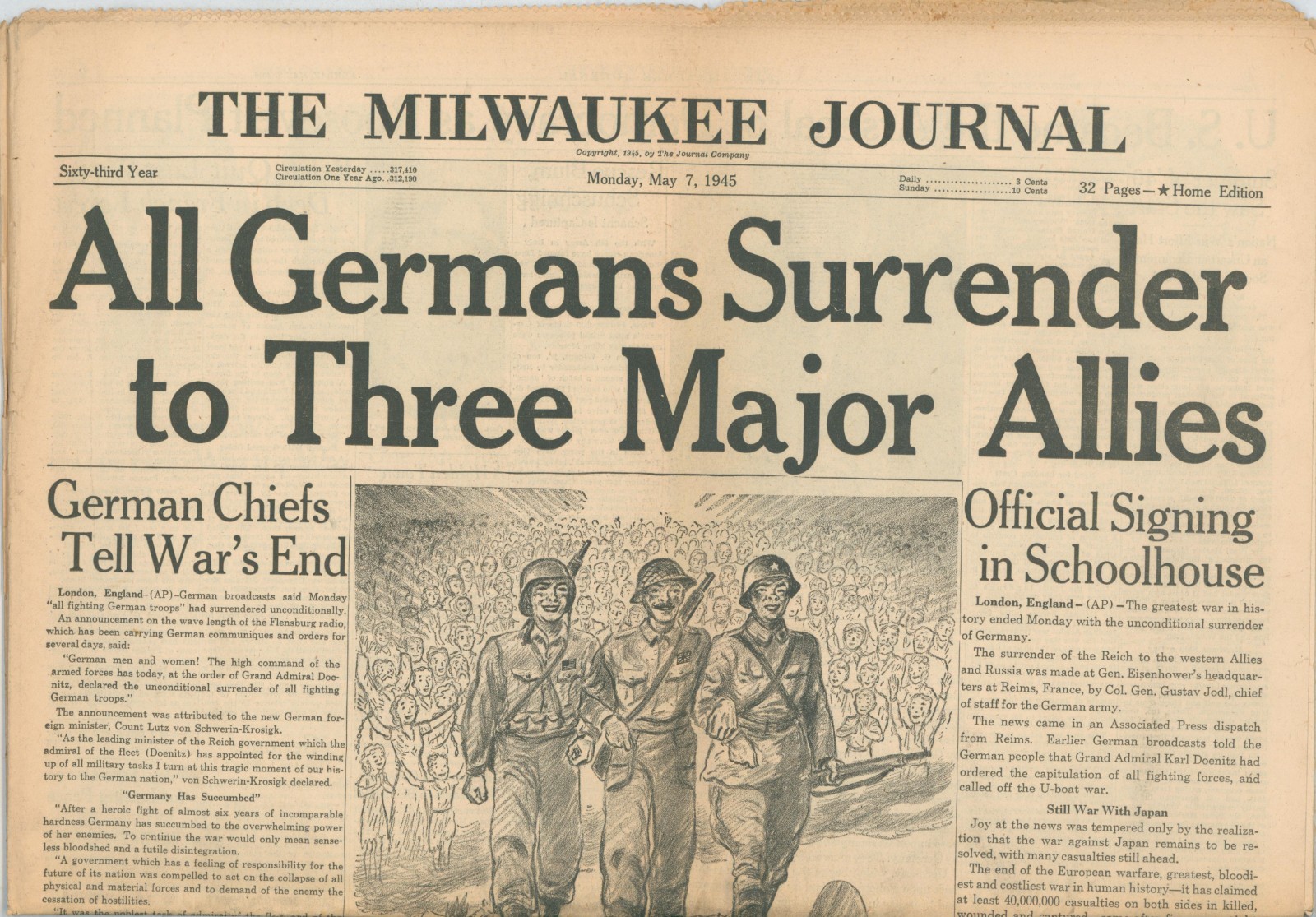 1945 WWII Germany Surrender VE Day Milwaukee WI Journal Newspaper May 7 Headline