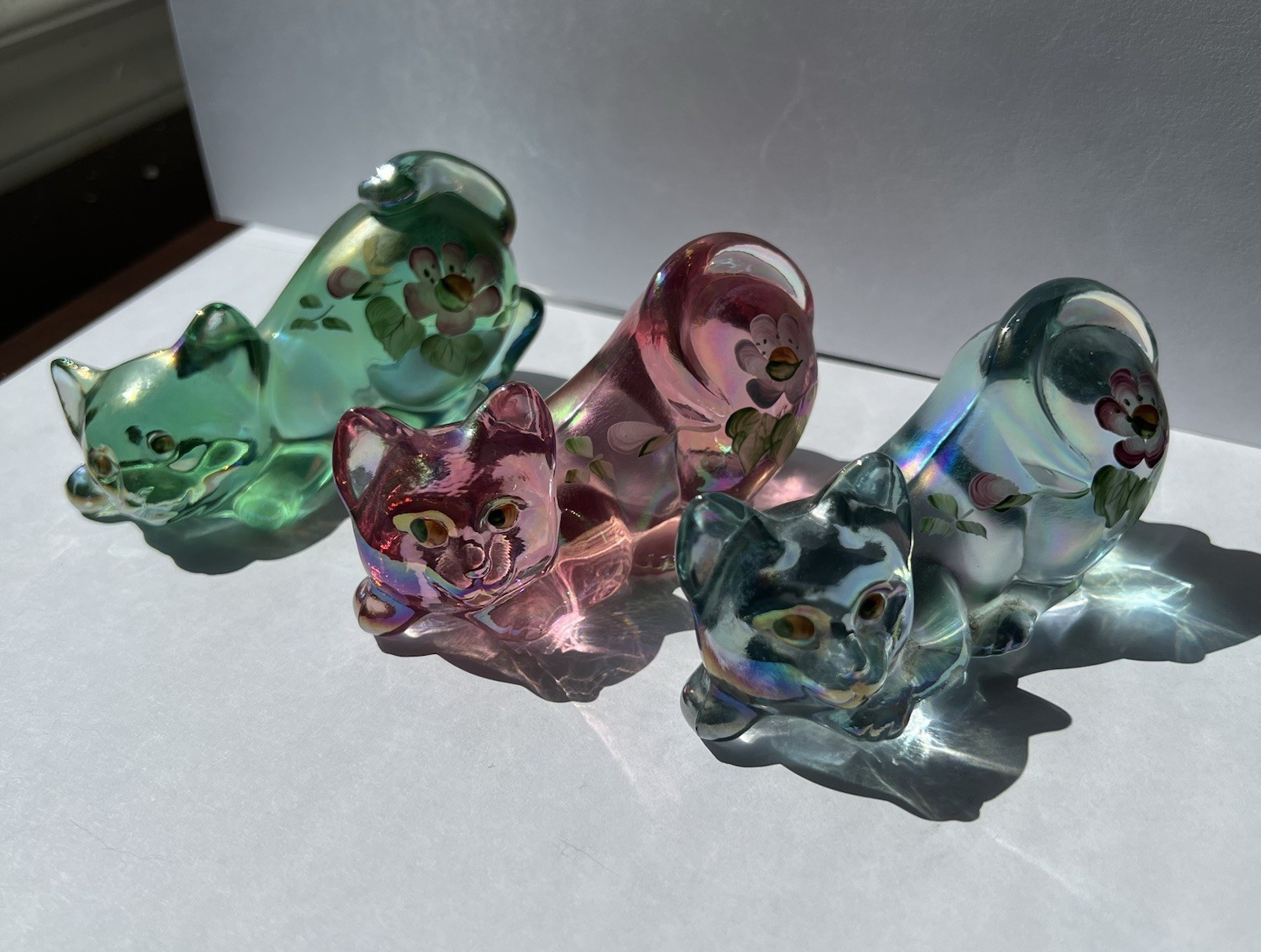 Fenton Iridescent Art Glass Cat Figurines Set w/ Hand-Painted Flowers. Signed.