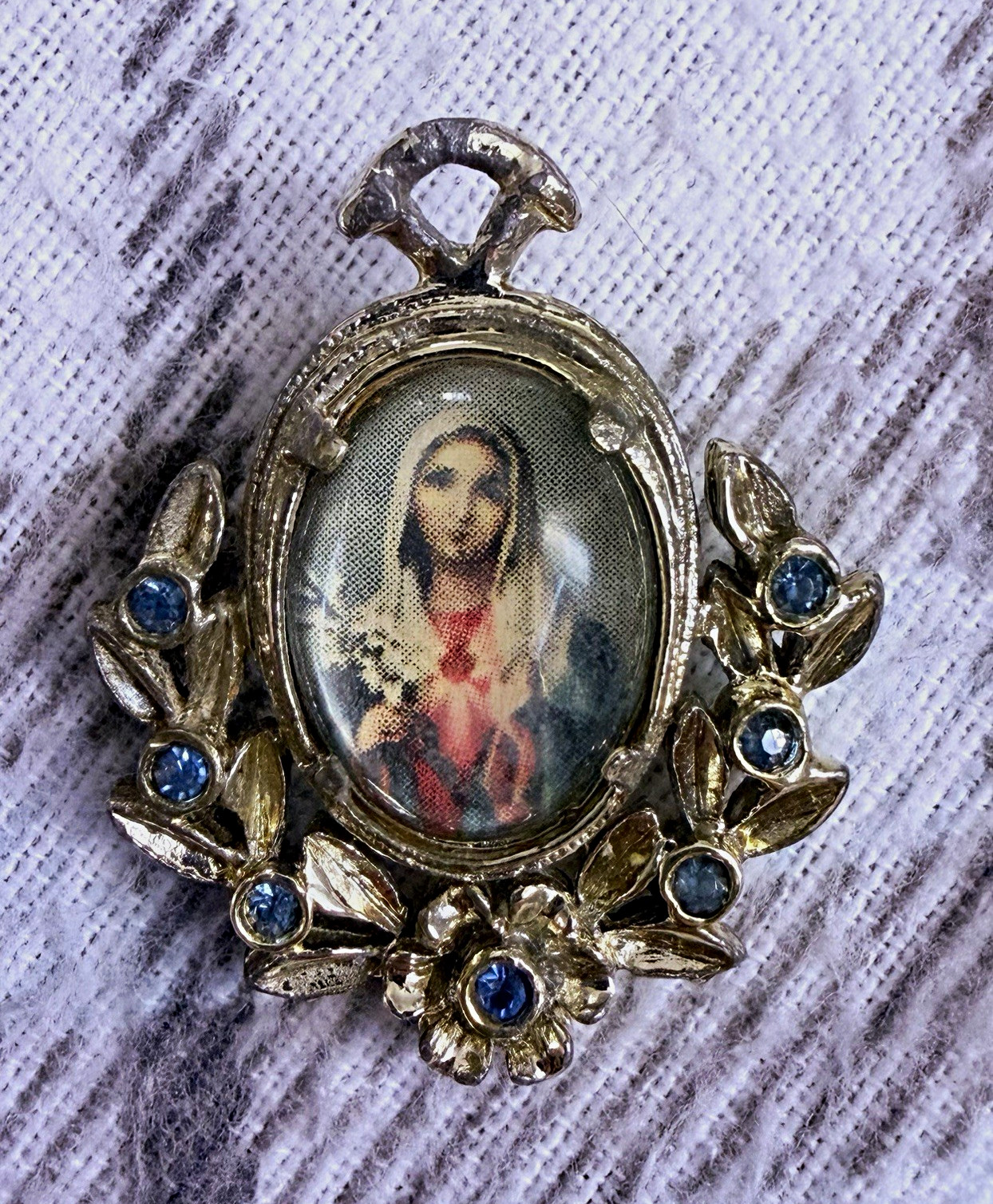 Vintage Reversible Catholic Medal Pendant Jesus Mary Rhinestone Devotional Charm