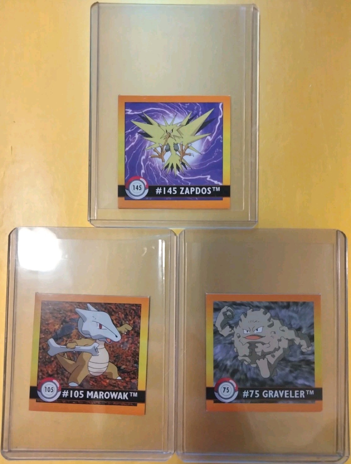 3 Art Stickers Series 1 Pokemon 1998 - Zapdos #145, Marowak #105, Graveler #75