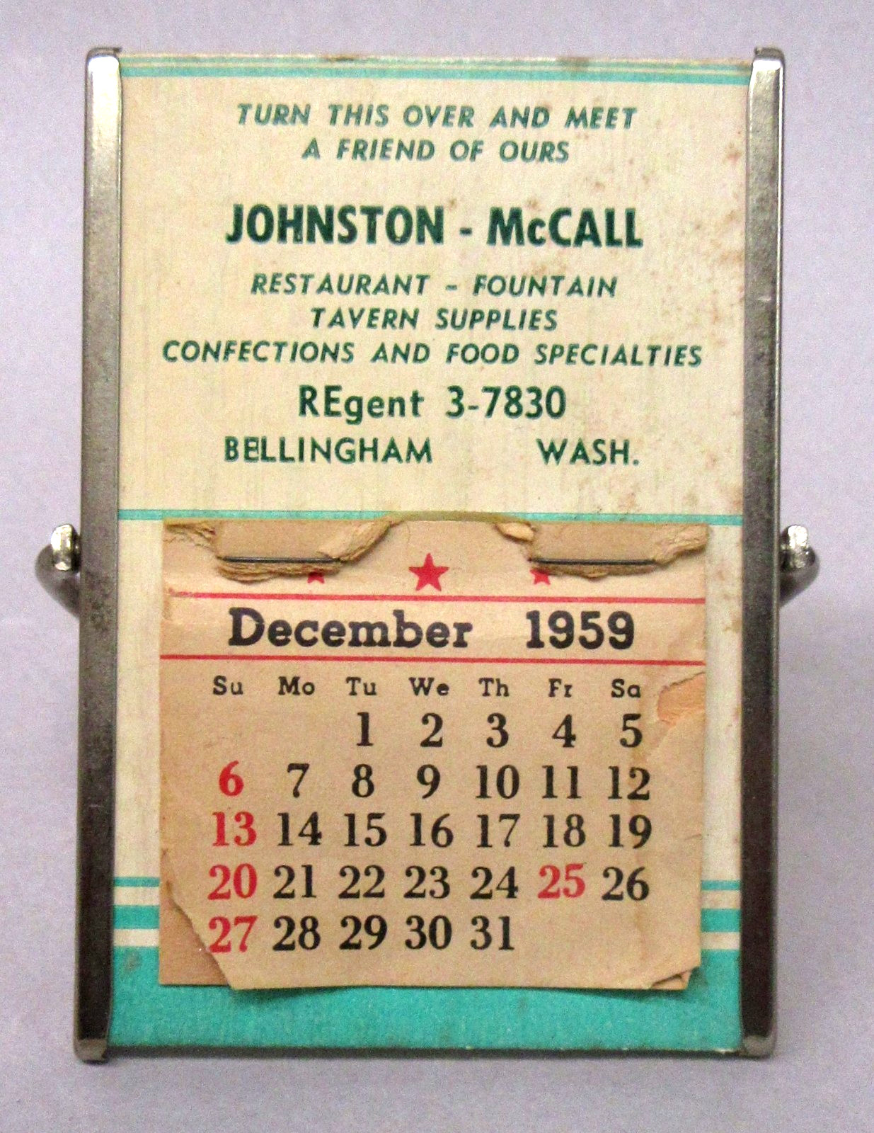 1959 JOHNSON-McCALL Restaurant/Tavern Supplies Bellingham WA desktop calendar wb