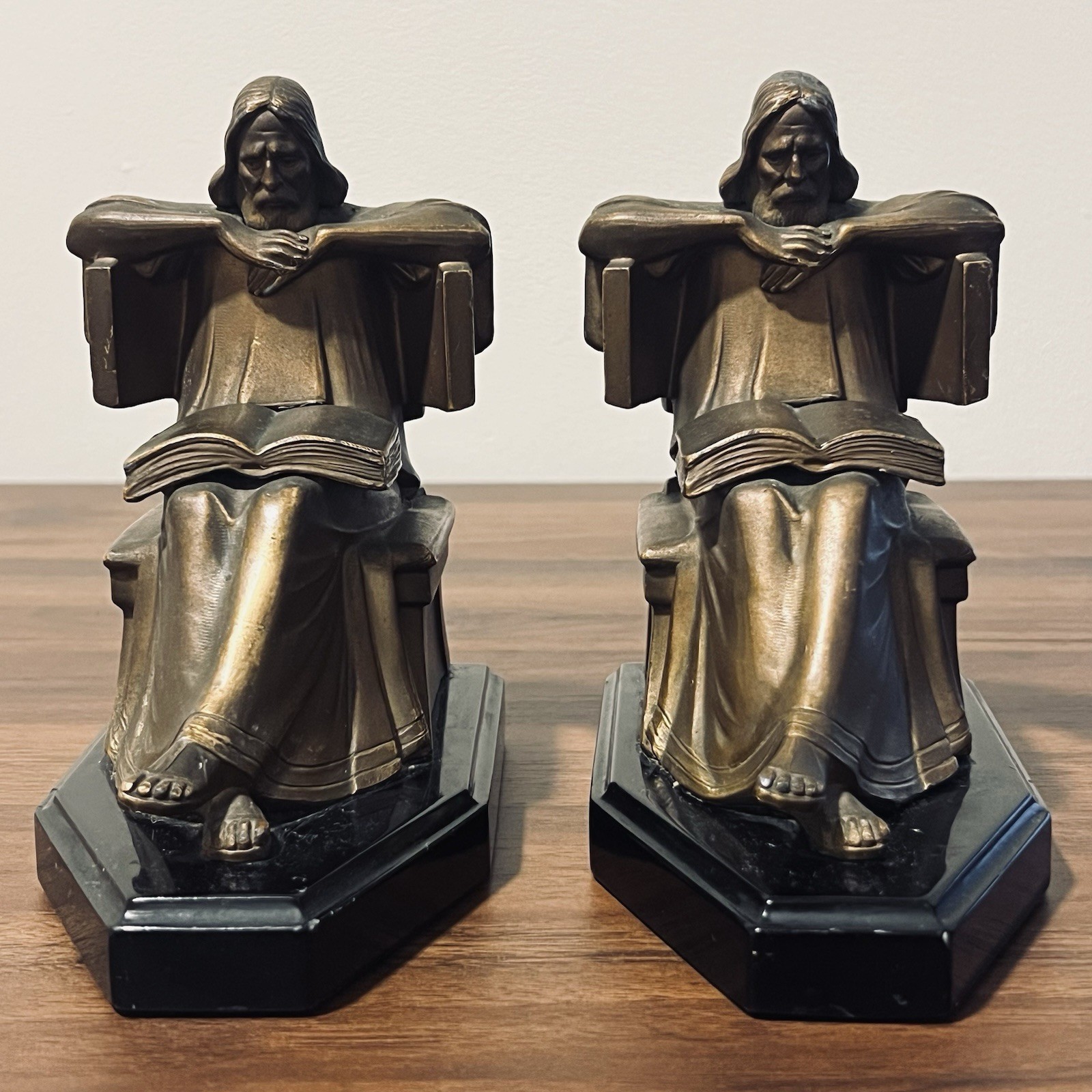 Antique J.B. Hirsch John Ruhl Signed Bookends Spelter Man Reading Scholar Pair