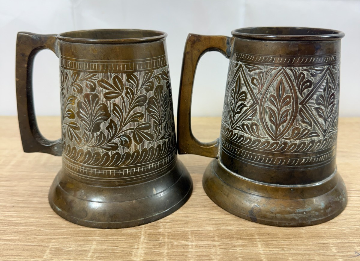 Vintage Hand Engraved Brass Tankards Beer Mugs x2 Indian Floral Chased Decor