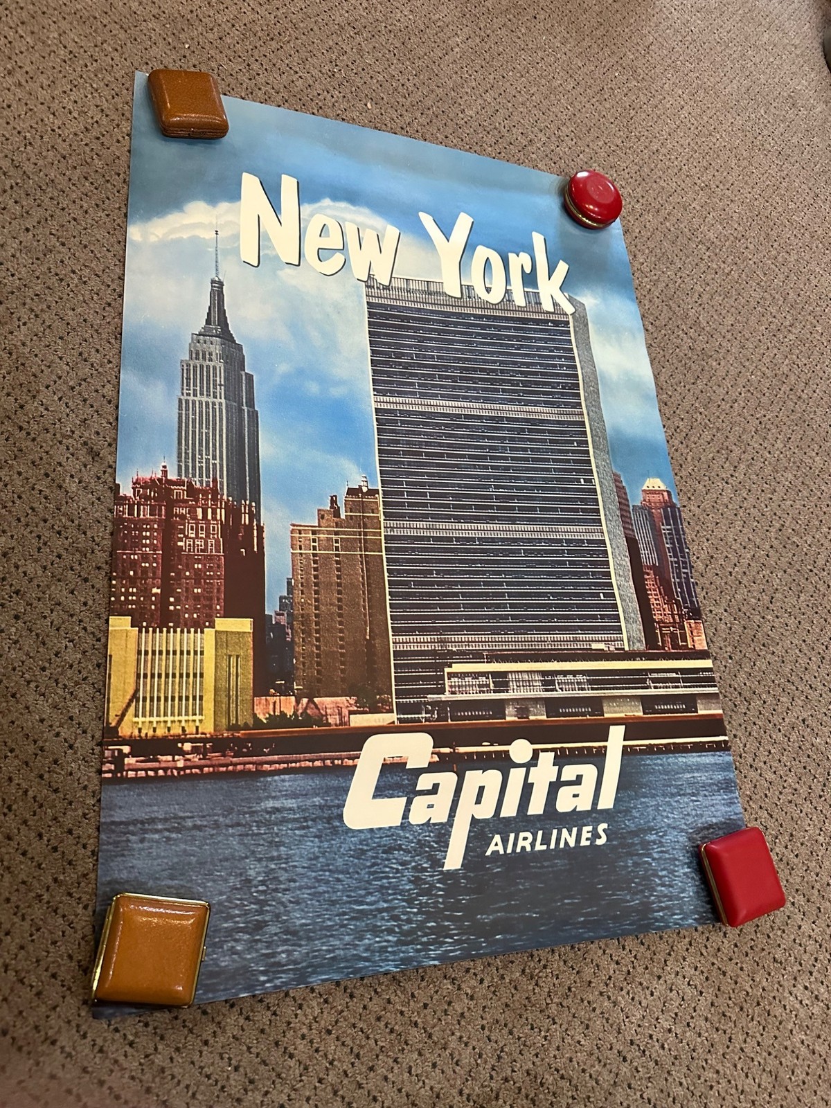 RARE Original Vintage Fly Capital Airlines New York Poster Airport