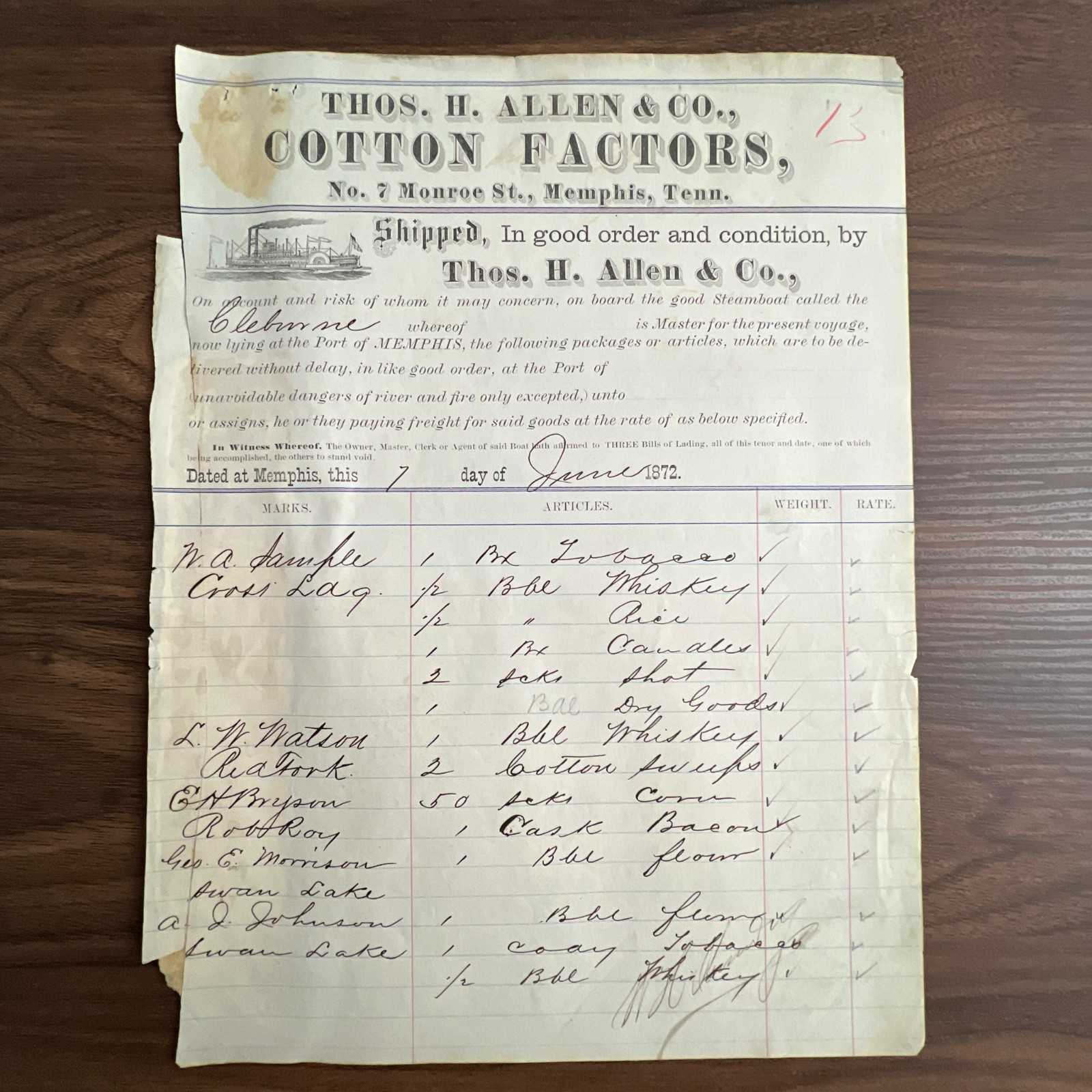 Antique 1872 Thos. H. Allen & Co.   Memphis Tennessee Steamboat Bill of Lading