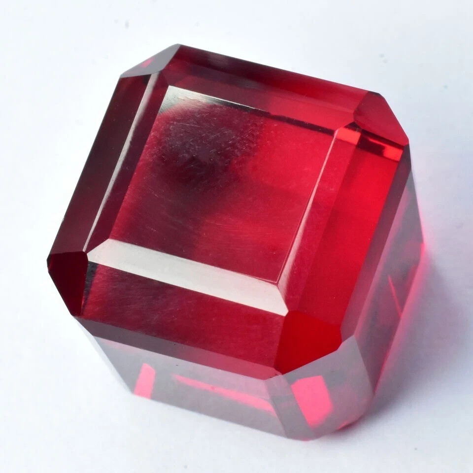 Certified 45.35 Ct Lab Created Flawless Burma Red Ruby Cube Cut Loose Gemstone