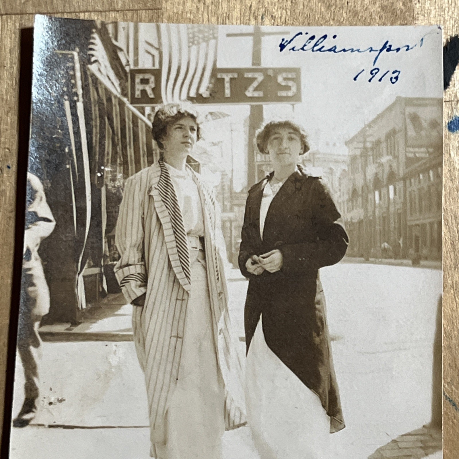 Antique Snapshot Street View Williamsport Pa 1913 Rutz's? American Flags -- O1