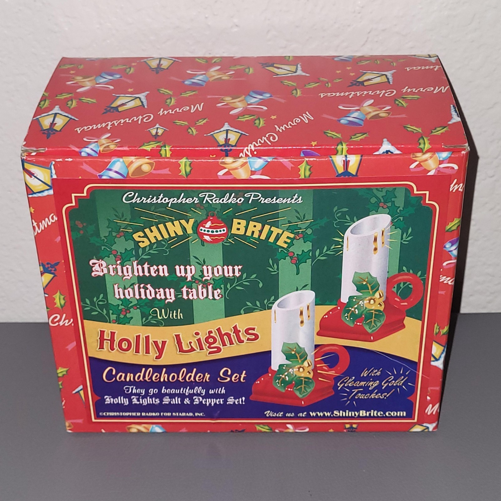 2002 Christopher Radko for Starad, Inc Shiny Brite Holly Lights Candleholder Set