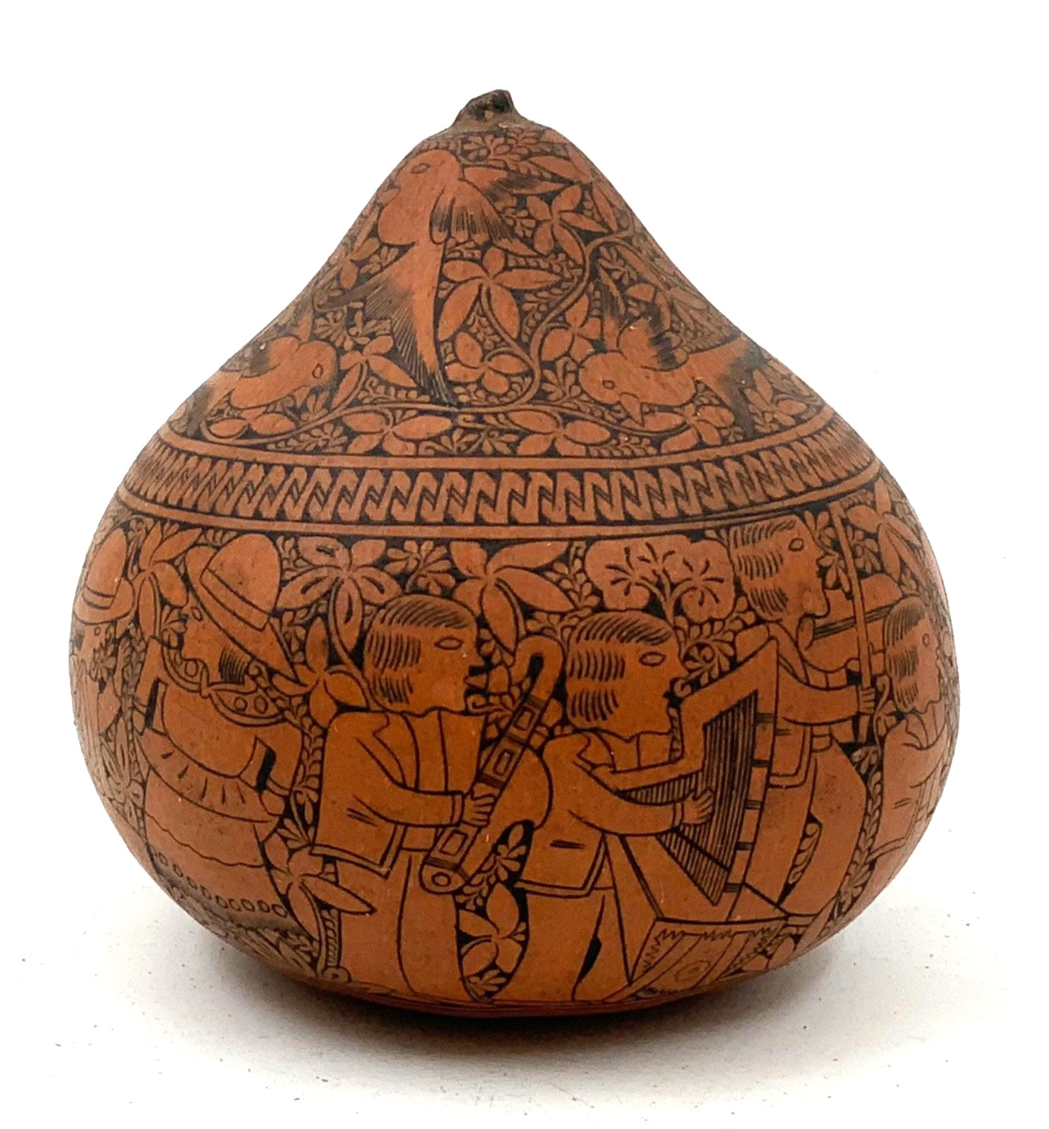 Fine Peruvian Storyteller Artist Gourd Rattle Folk Art Detailed Musician Dancers