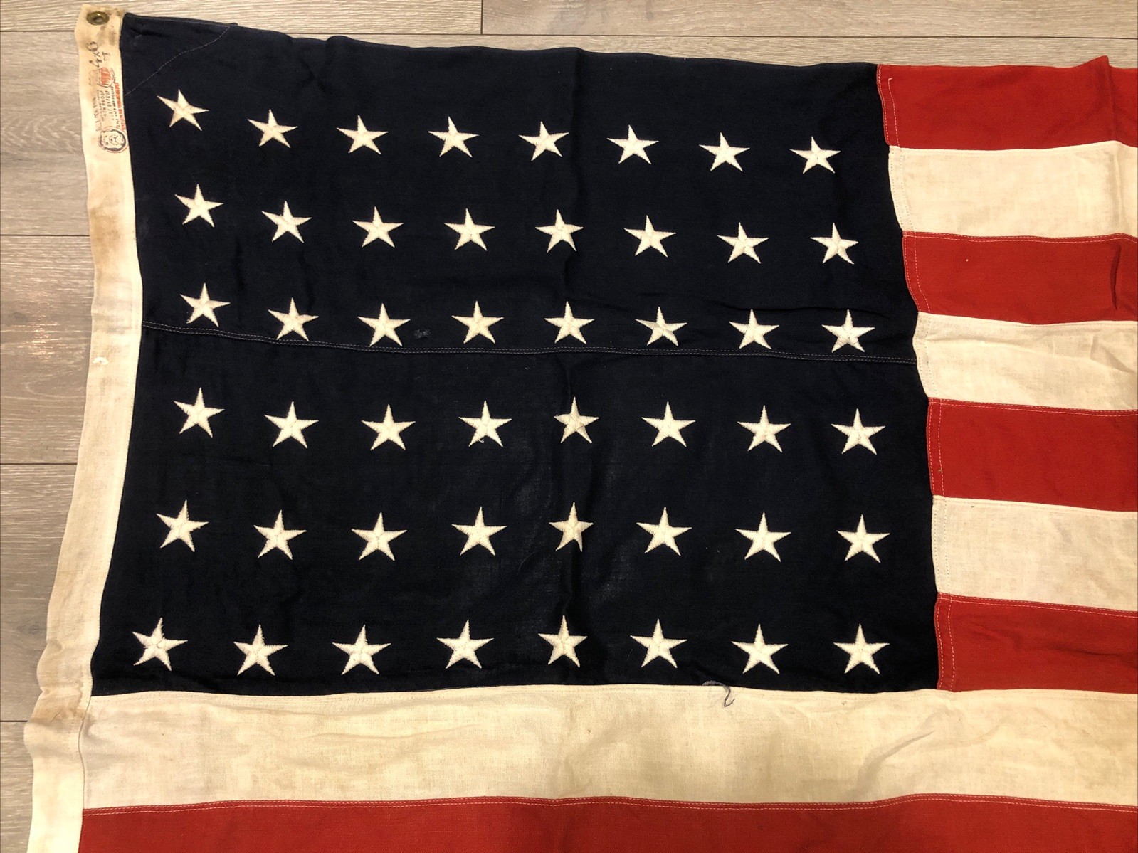 Antique 48 Star US Flag Cotton 48 x 72 WWI WWII & Korean Era Vintage Bull Dog
