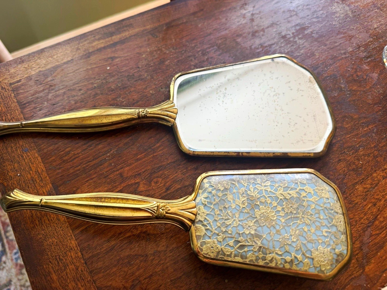 Vintage Gold-Tone Vanity Brush & Hand Mirror Set, Floral Pattern, 2 Brushes