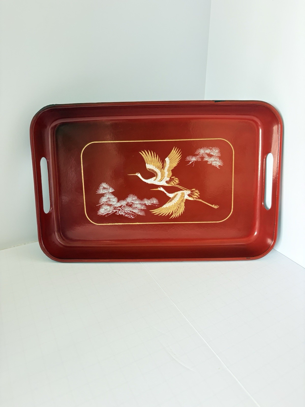 Vintage Japanese Red Lacquerware Crane Pine Serving Tray Made in Japan 11