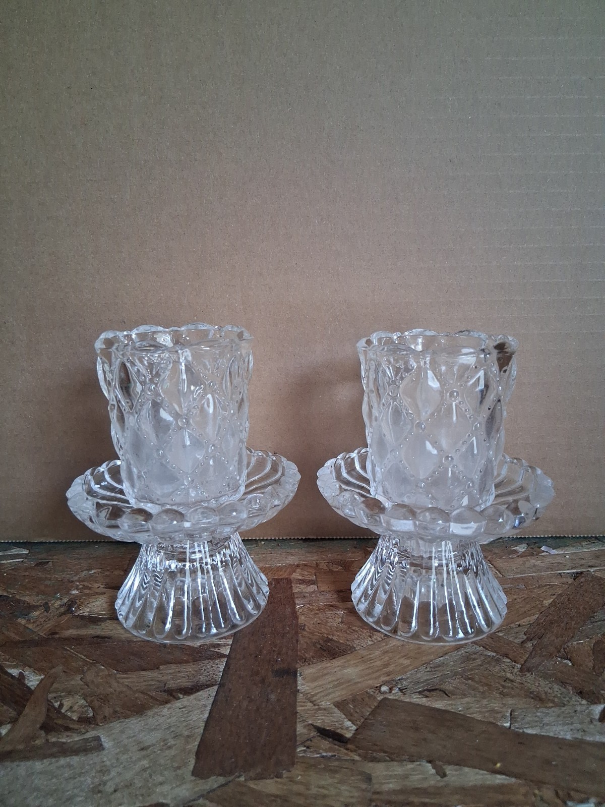 Vintage PartyLite Quilted Crystal Pair Votive Candle Holders P9246