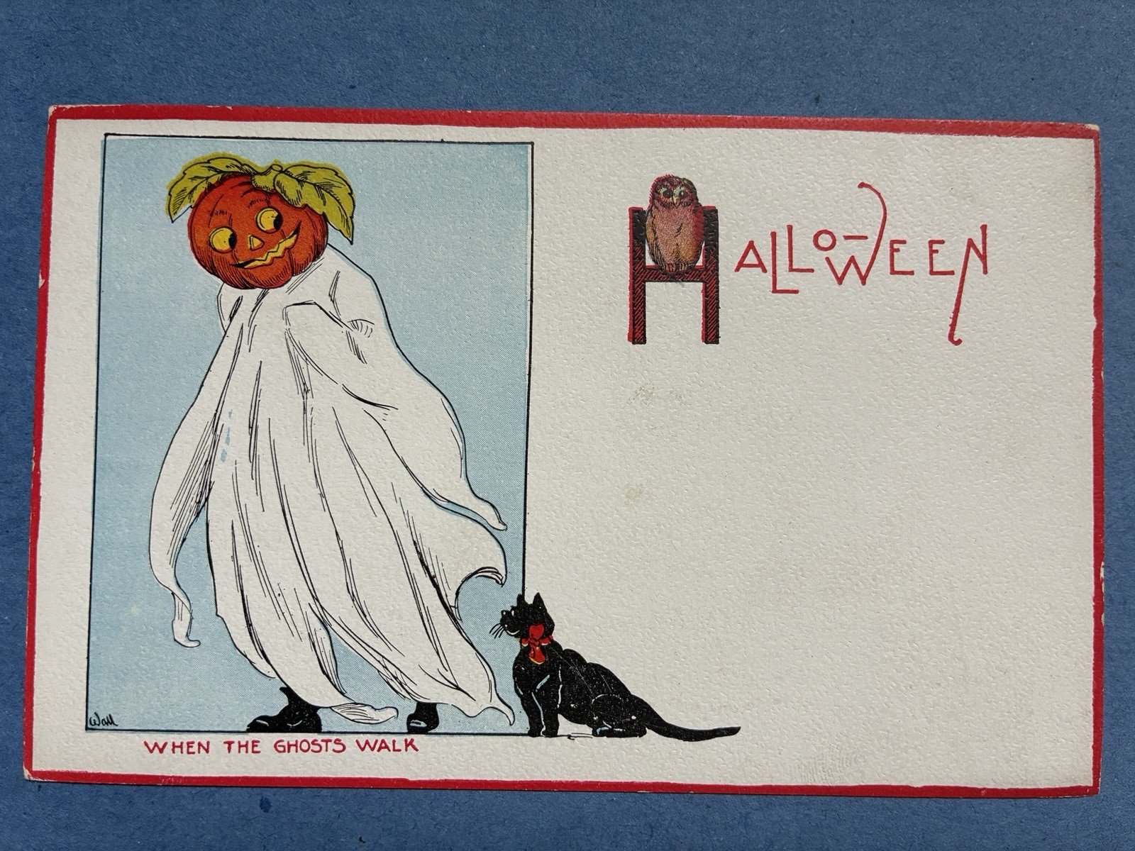 Vintage Antique Halloween Postcard A/S Wall When Ghosts Walk Black Cat Gibson