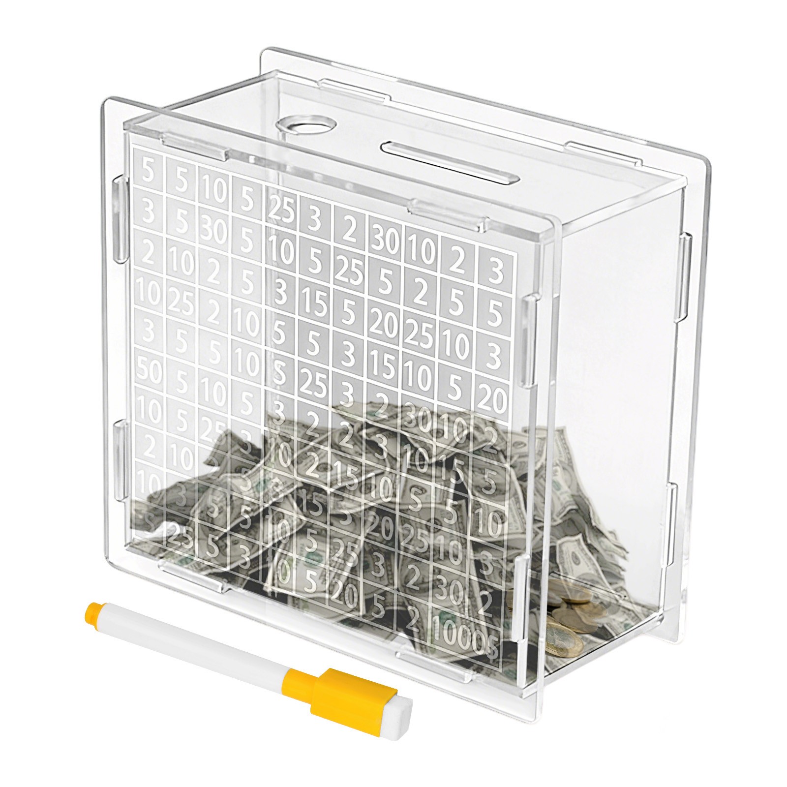 1000 Money Saving Challenge Box Acrylic Piggy Bank Reusable for Adults w/ Marker