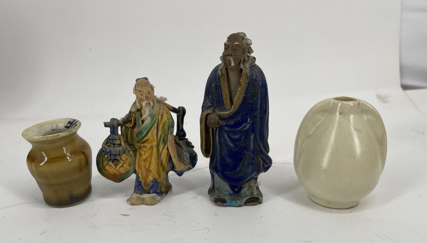 Vintage Chinese Glazed Pottery Figures & Small Vases Asian Art Lot of 4