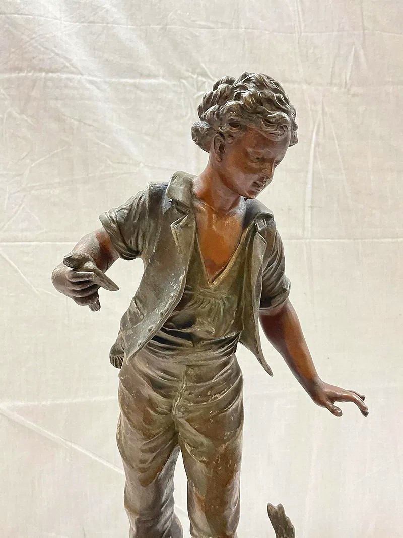 Bruchon Signed Figural Mantel Clock Mechanical Analog Red Marble Brass Feet