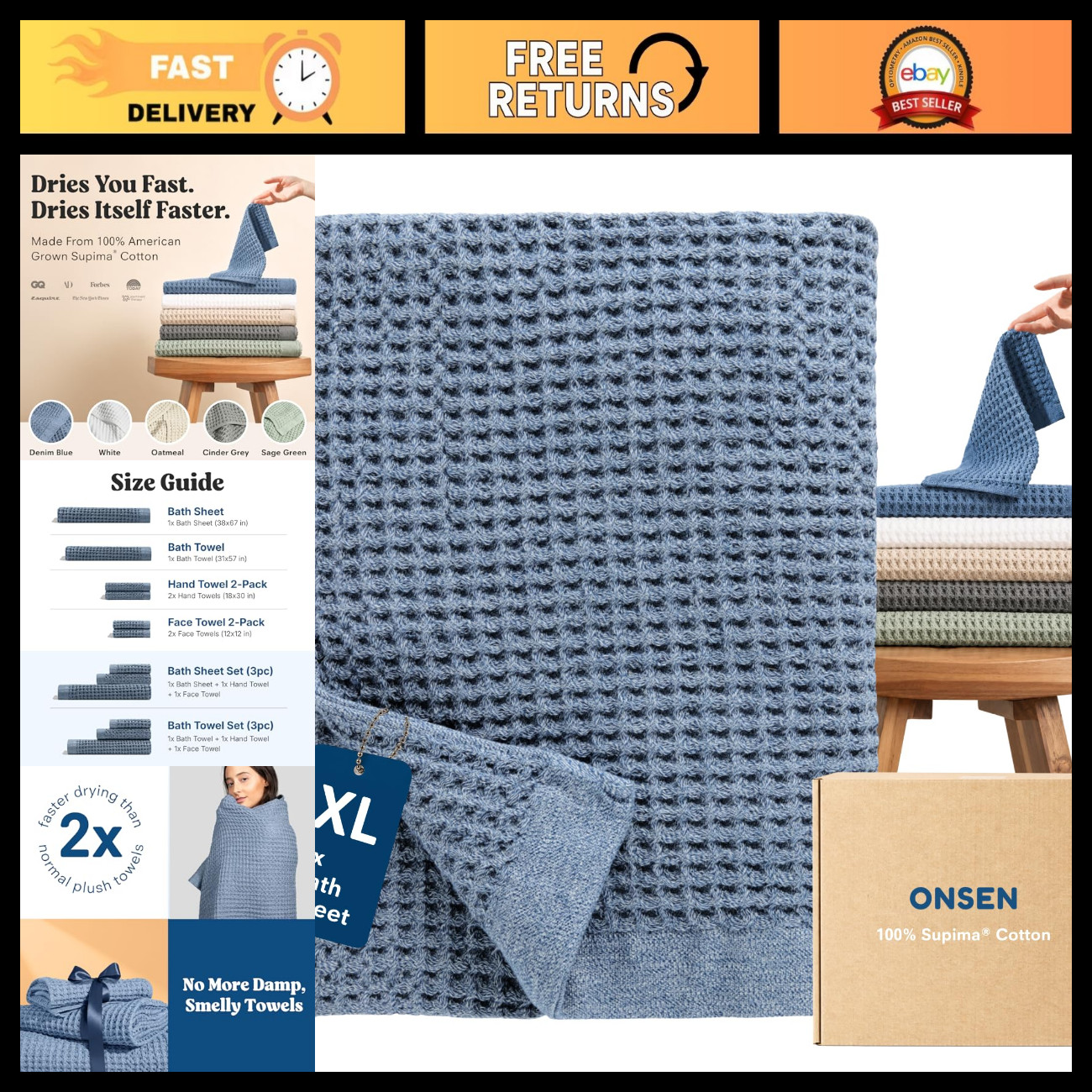 ONSEN Supima Waffle Bath Sheet - Denim Blue, 1X Bath Sheet