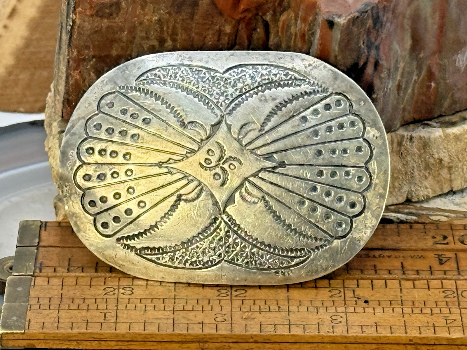 Vintage Native Navajo Stamped Sterling Silver Belt Buckle 2.89