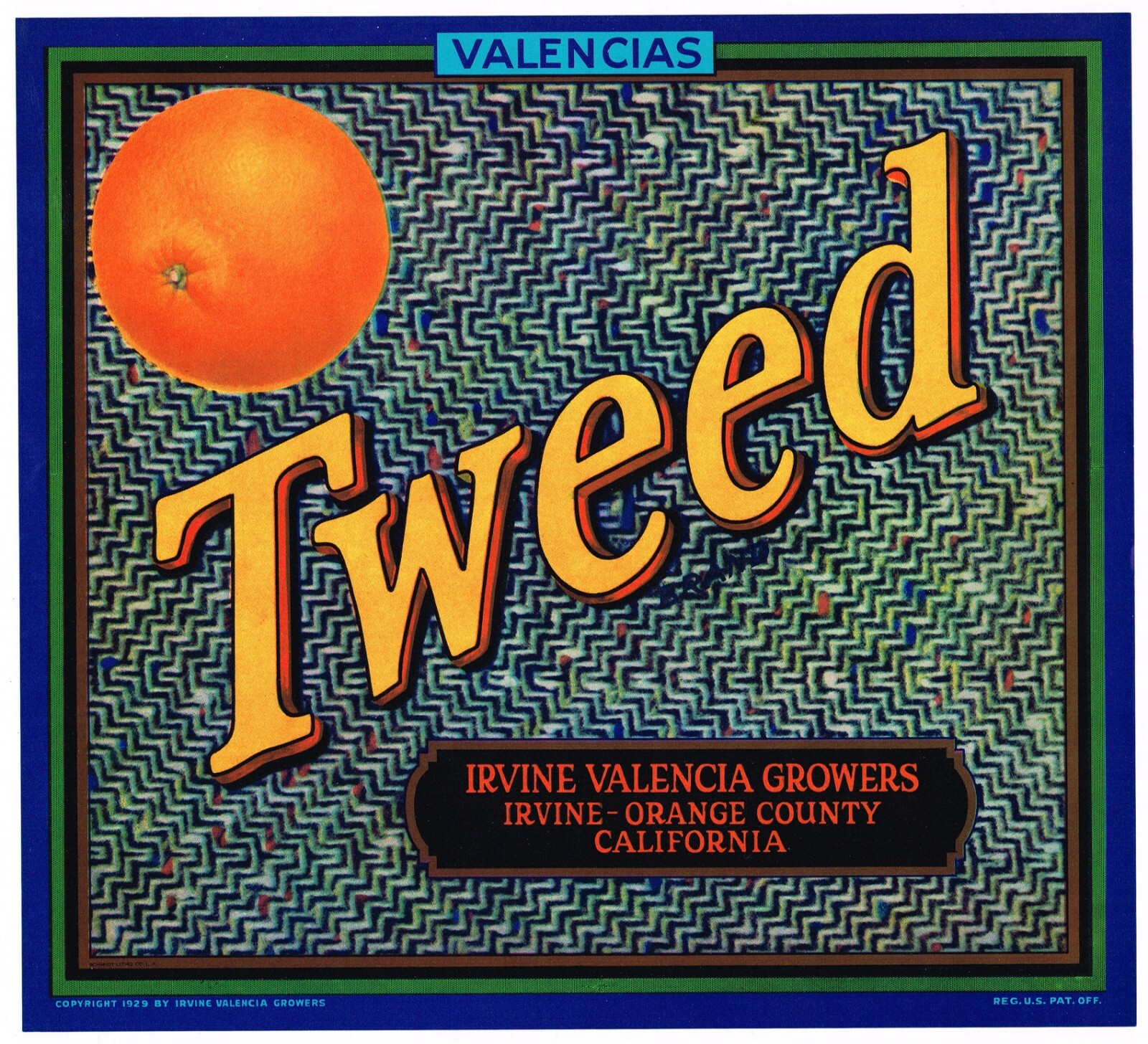 ORIGINAL C1940S ORANGE COUNTY CRATE LABEL TWEED FABRIC IRVINE VINTAGE FASHION 