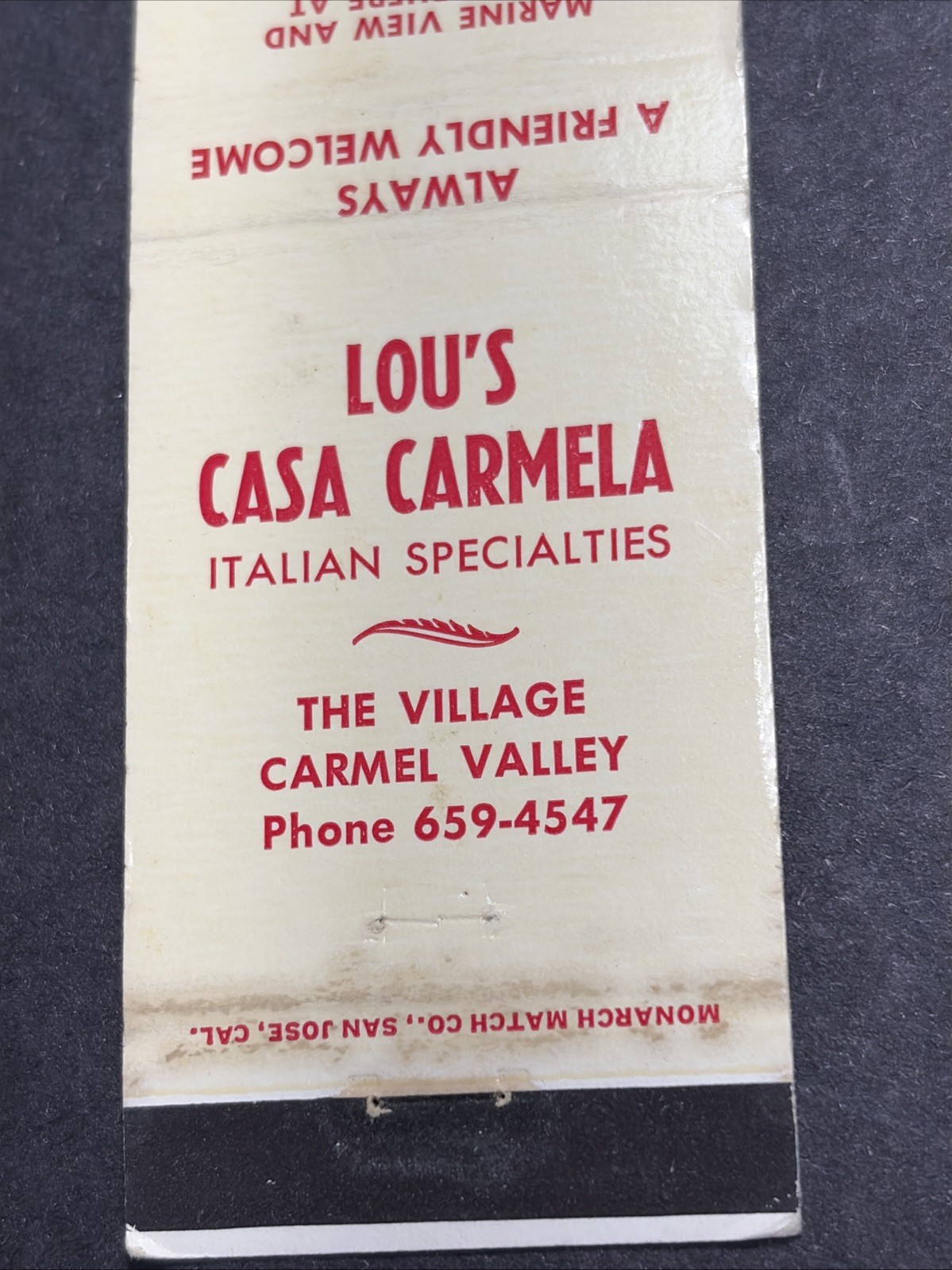 Matchbook Cover Monterey California Lou’s Fish Grotto Fisherman Wharf Restaurant