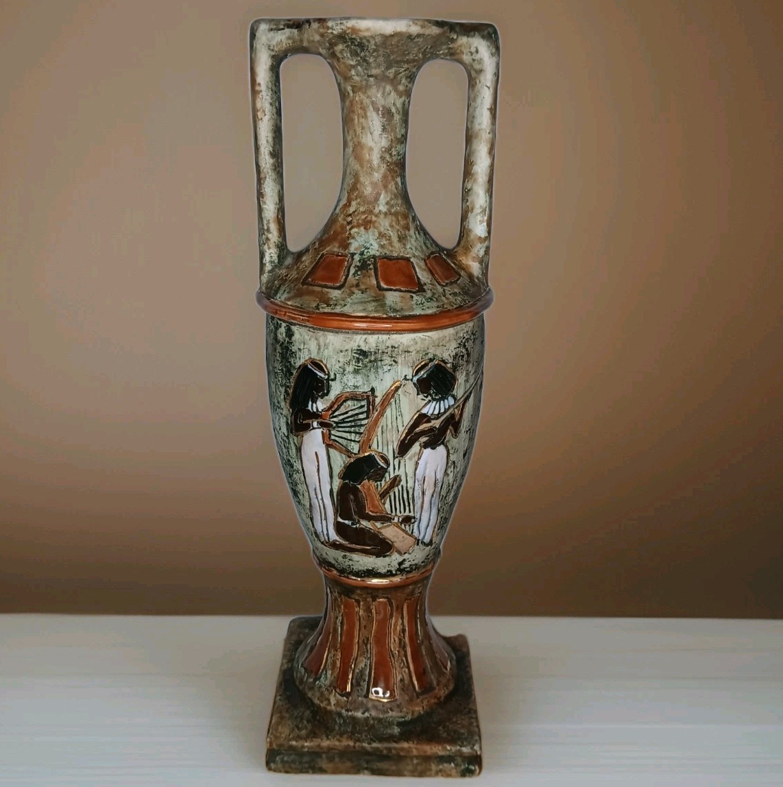 Vtg MCM Italian Pottery Egyptian Amphora Urn Vase Figural Musicians Museum 14.”