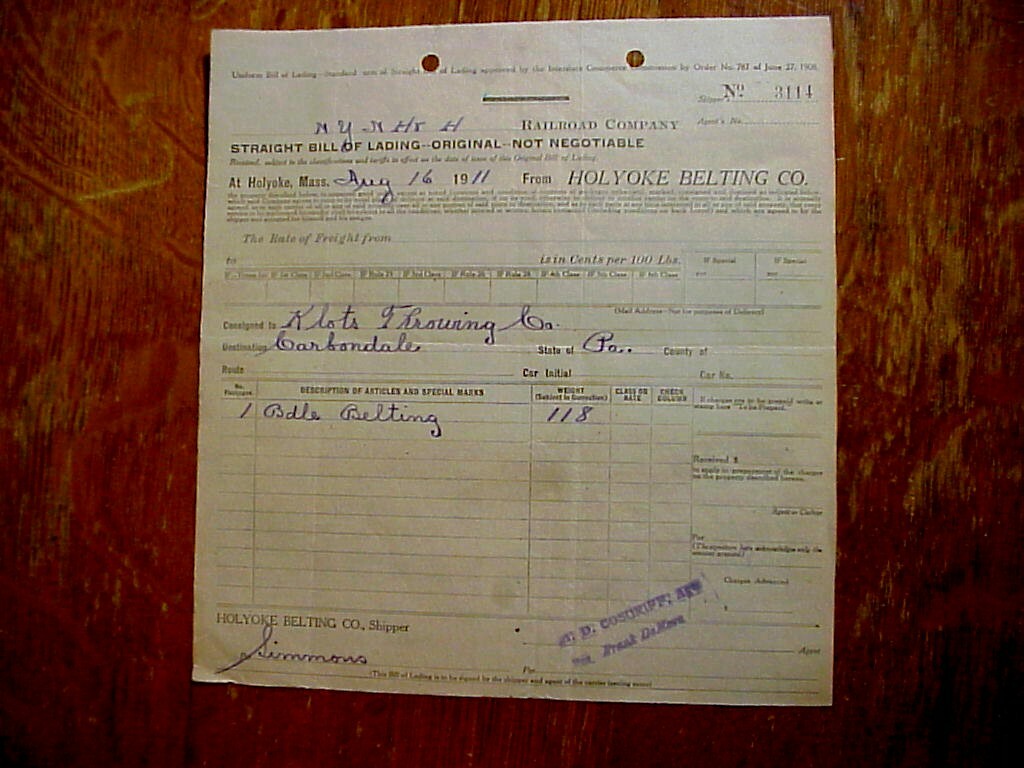 NYNH&H  RAILROAD 1911 Bill of Lading HOLYOKE BELTING to KLOTZ THROWING CO.  