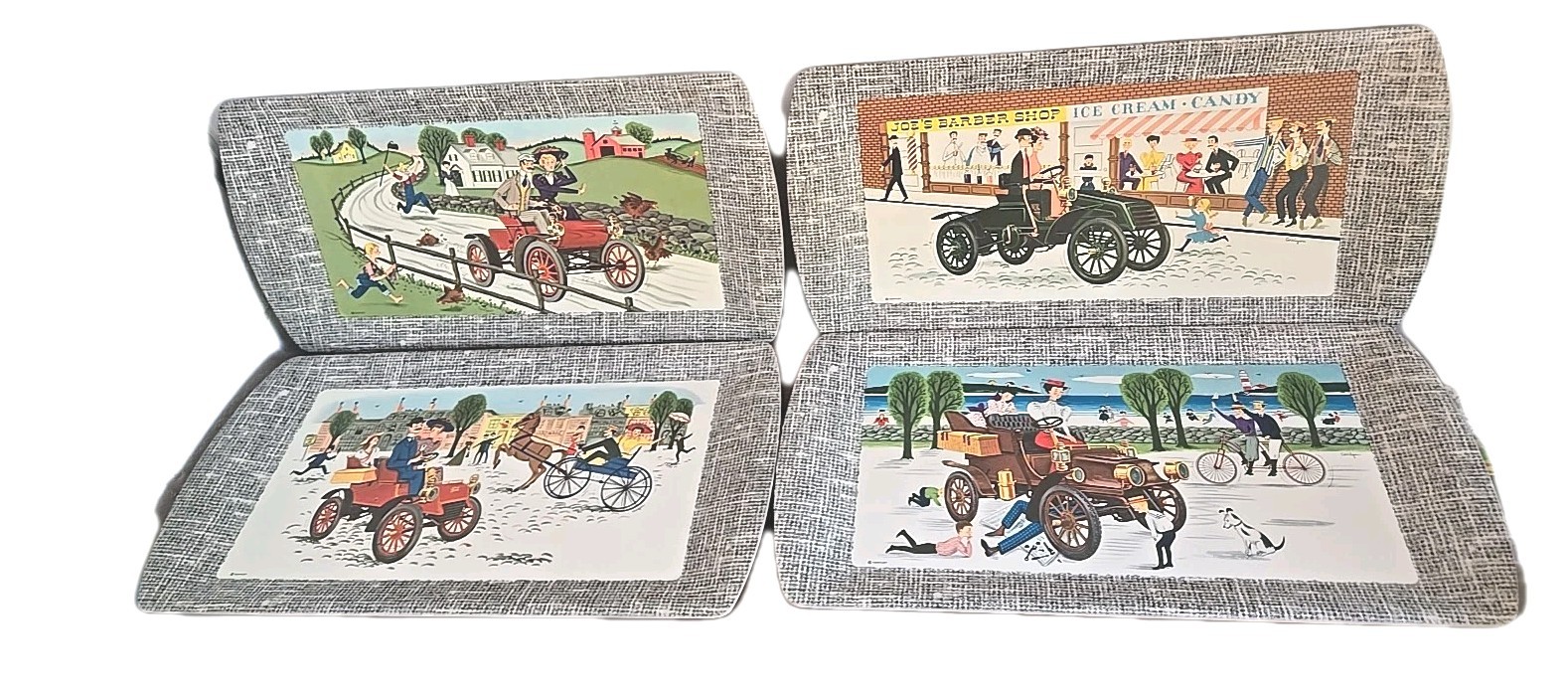 VINTAGE 1953 SET OF 4 KENTLEY ANTIQUE AUTO CAR SERVING TRAYS 8.5