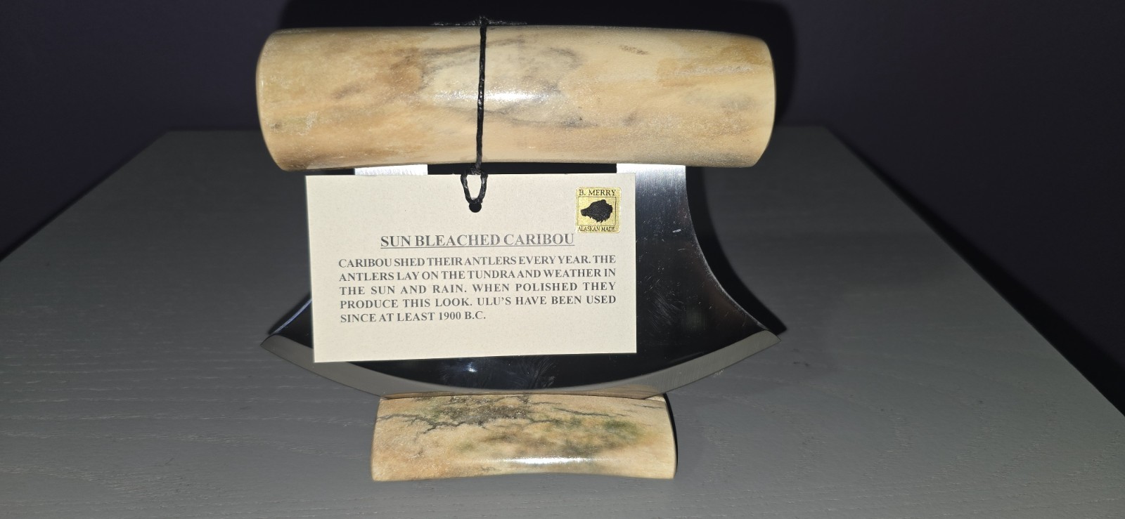 B Merry Studios Alaska Natural Caribou Antler Ulu Knife W/Stand