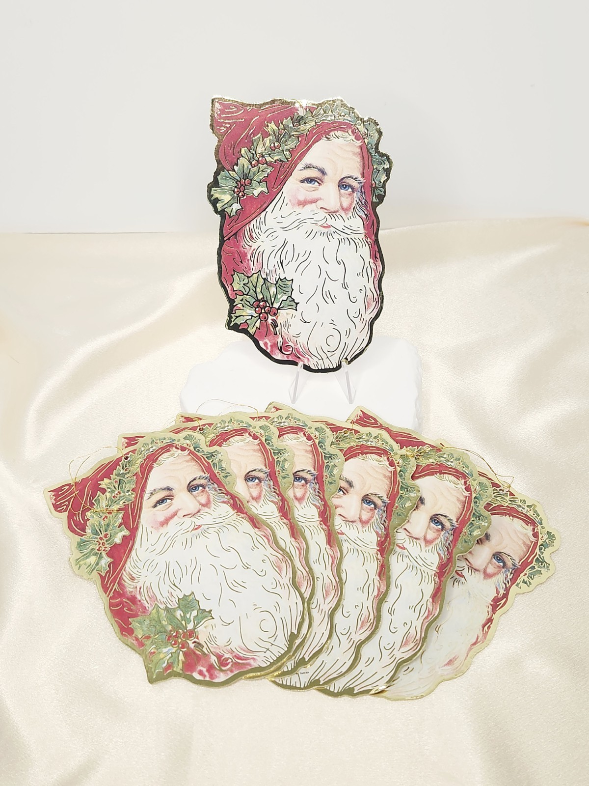Vintage 1985 Christmas Dye Cut Cardboard Santa Claus Ornaments, Unused Lot Of 7 