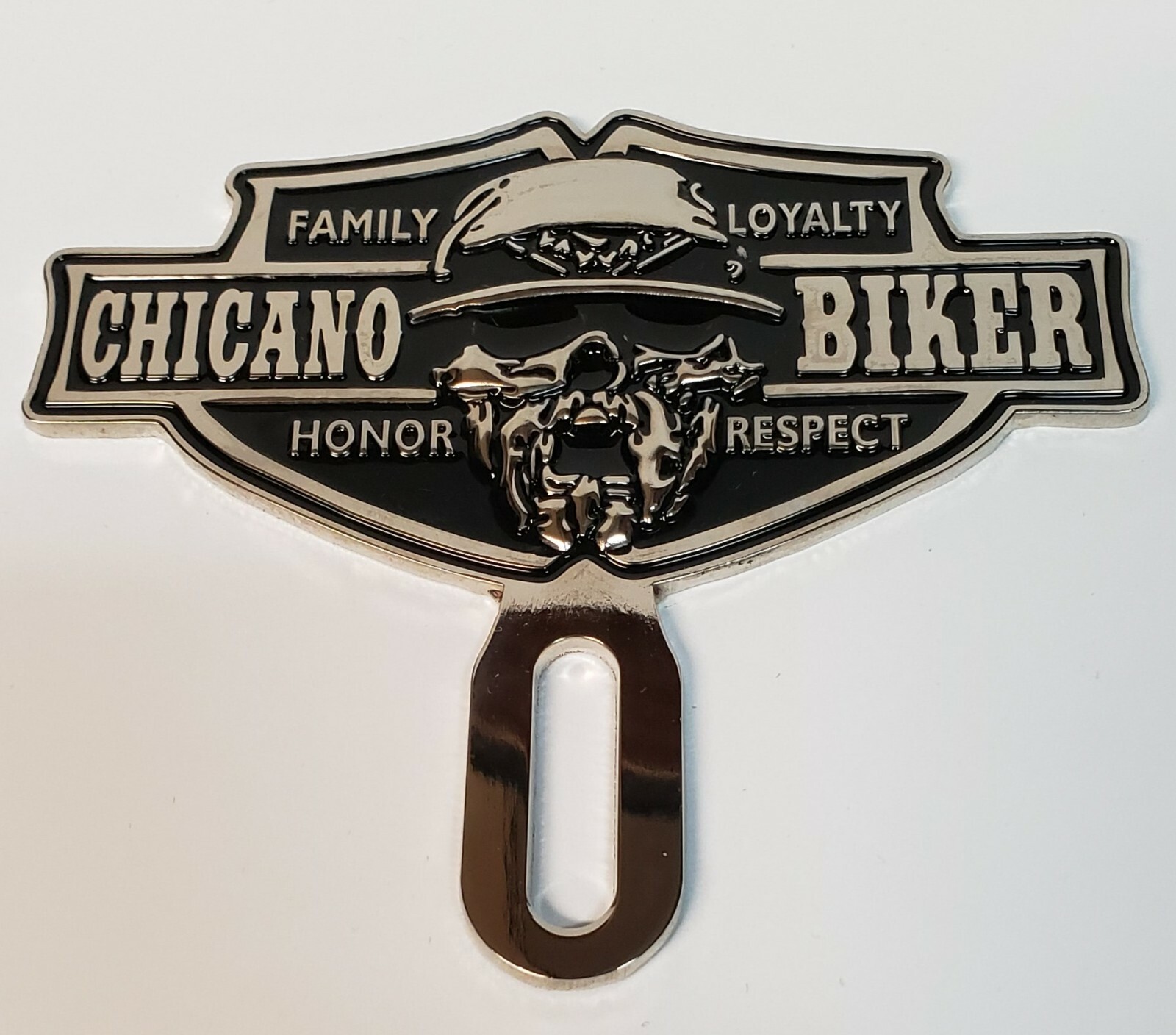 3D SILVER CHROME CHICANO BIKER CHOLO LOWRIDER LICENSE PLATE TOPPER 