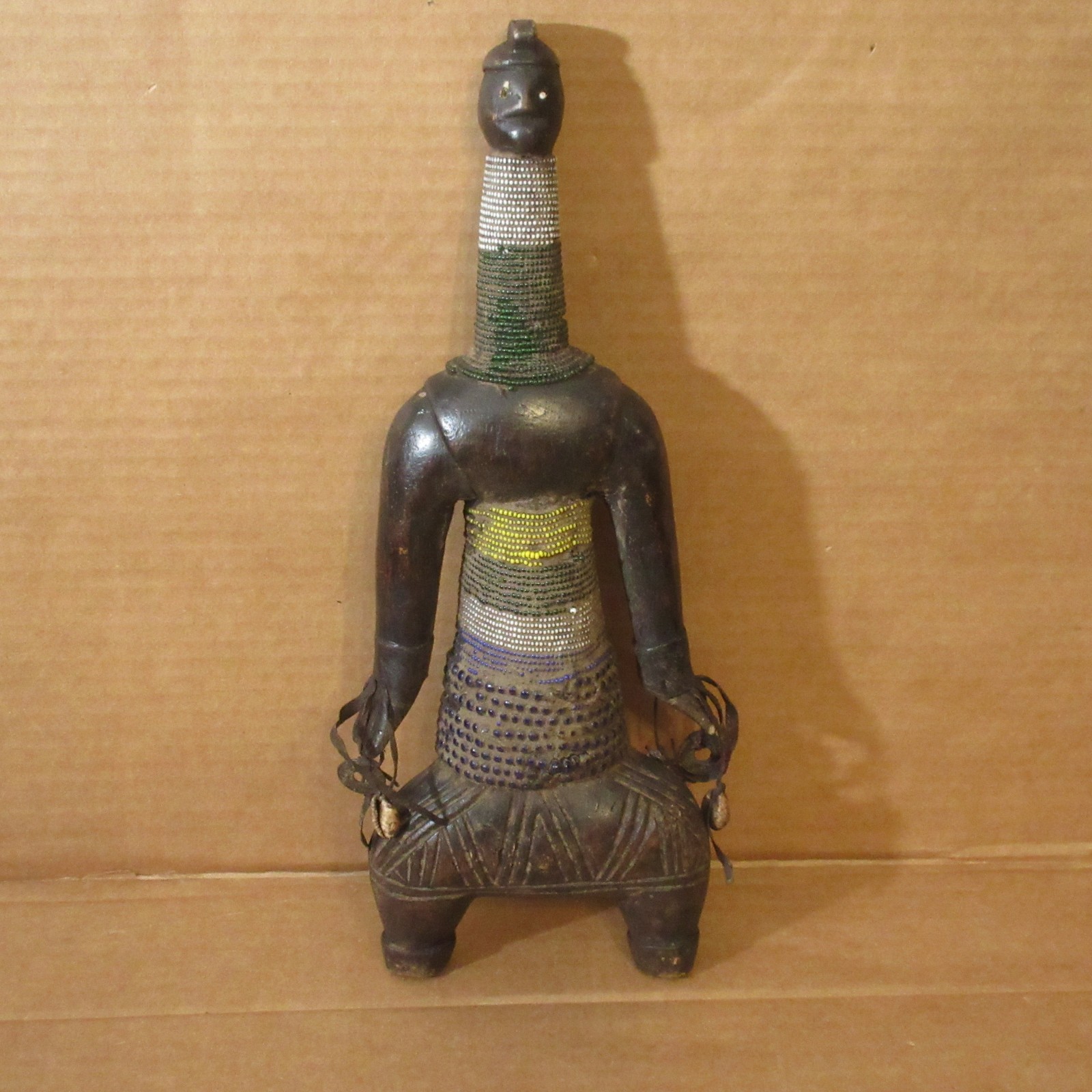 Antique Vtg Namji African Fertility Figure Hand Carved Wood w/Beads Cowrie 15\