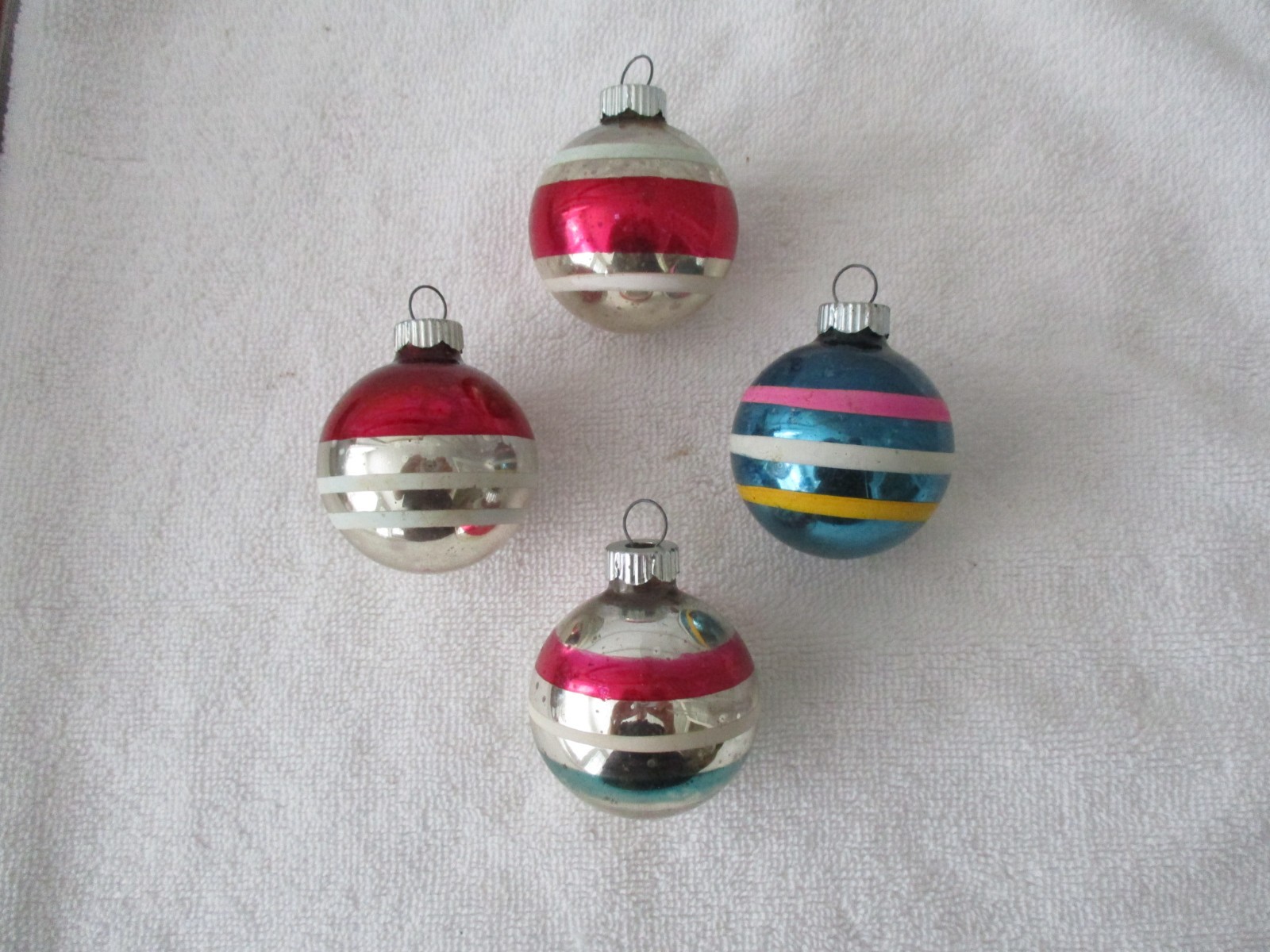 Vintage striped Shiny Brite christmas ornaments, mid-century