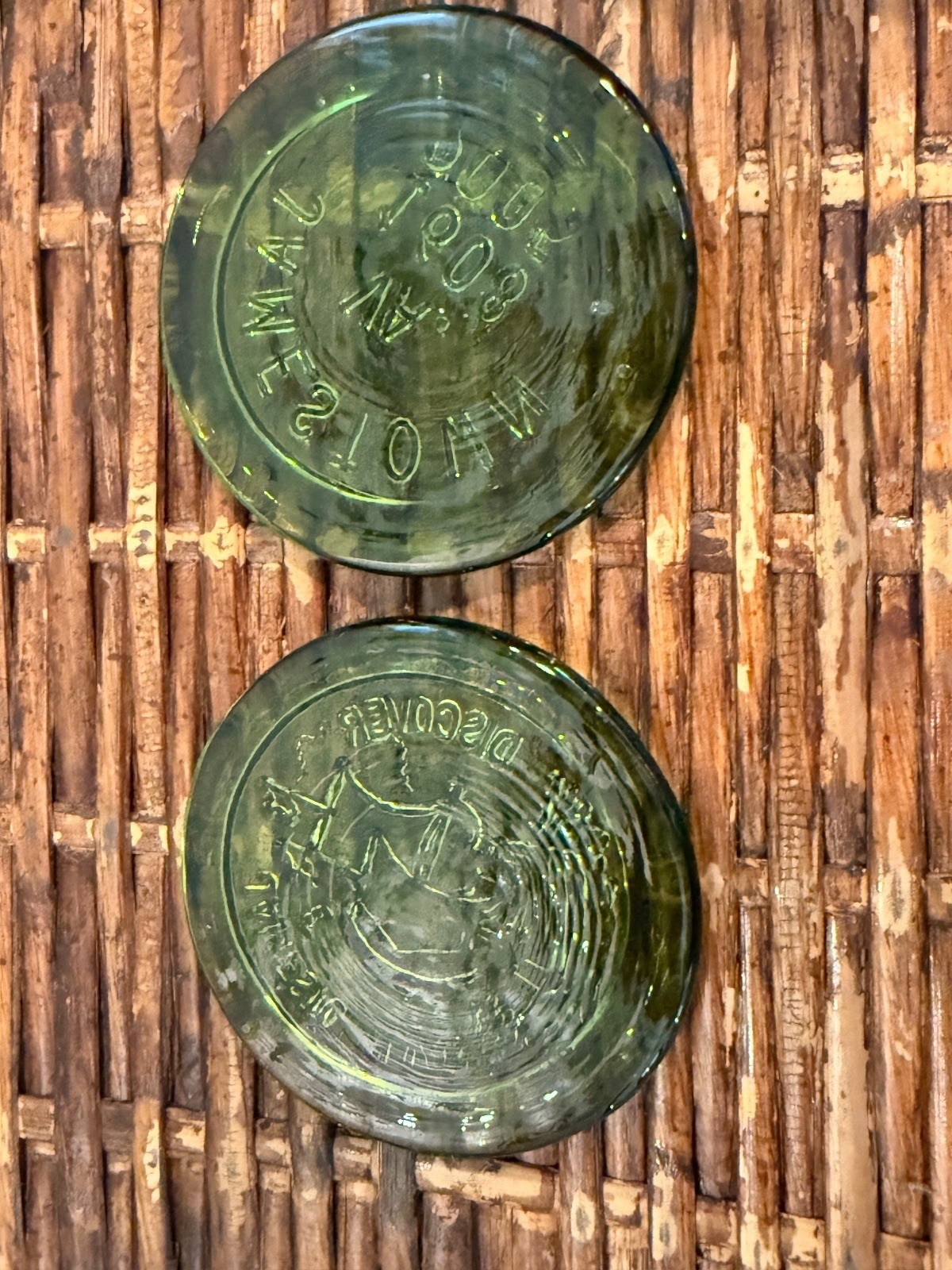 Vintage Jamestown VA Glass Coasters Green Paperweight Set of 2